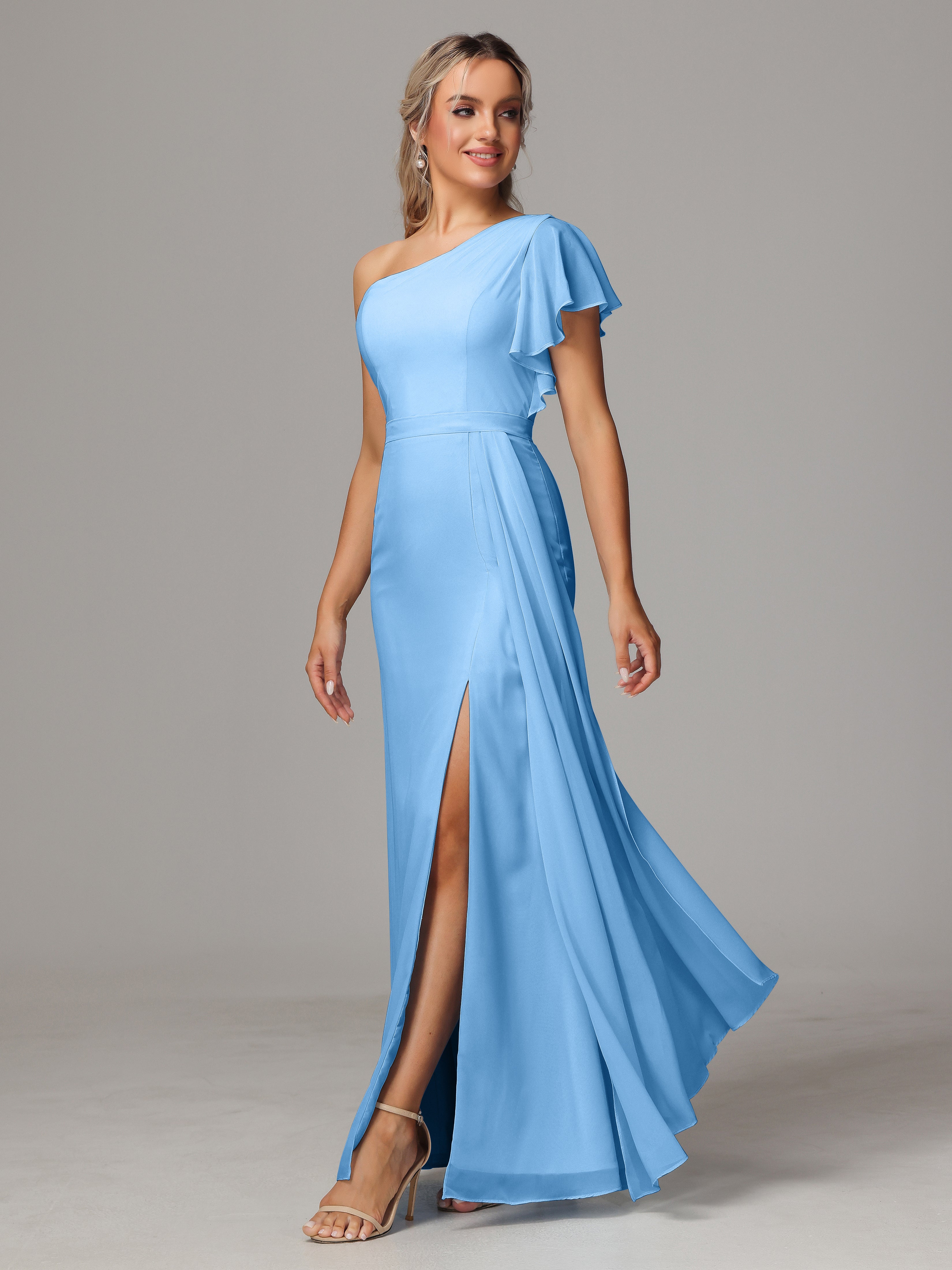 Robe De Demoiselle D Honneur Bleue Fourreau Seule Épaule Fendue Devant Mousseline Robe Demoiselle D'Honneur