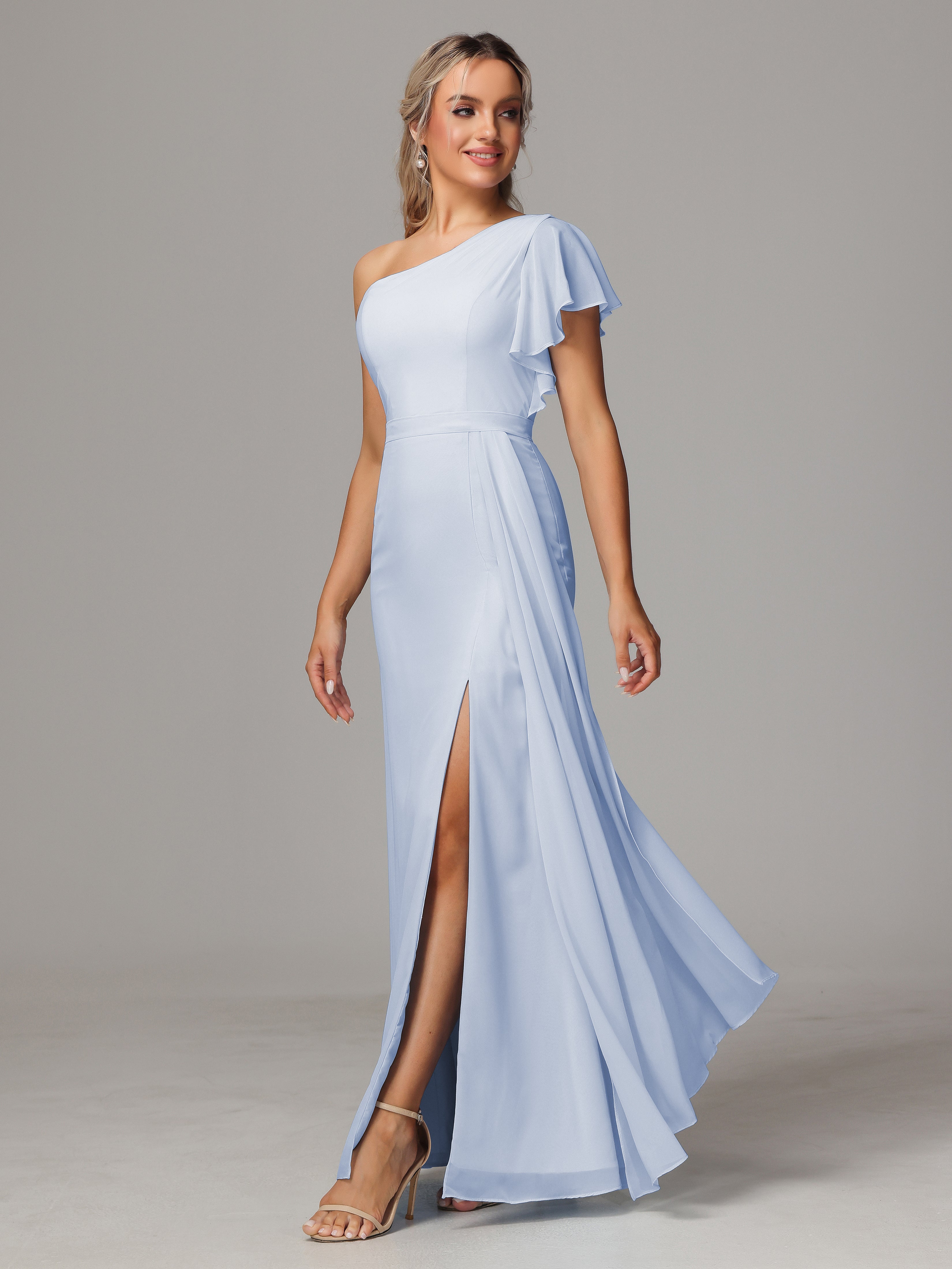 Robe Demoiselle D Honneur Bleu Ciel Fourreau Seule Épaule Fendue Devant Mousseline Robe Demoiselle D'Honneur
