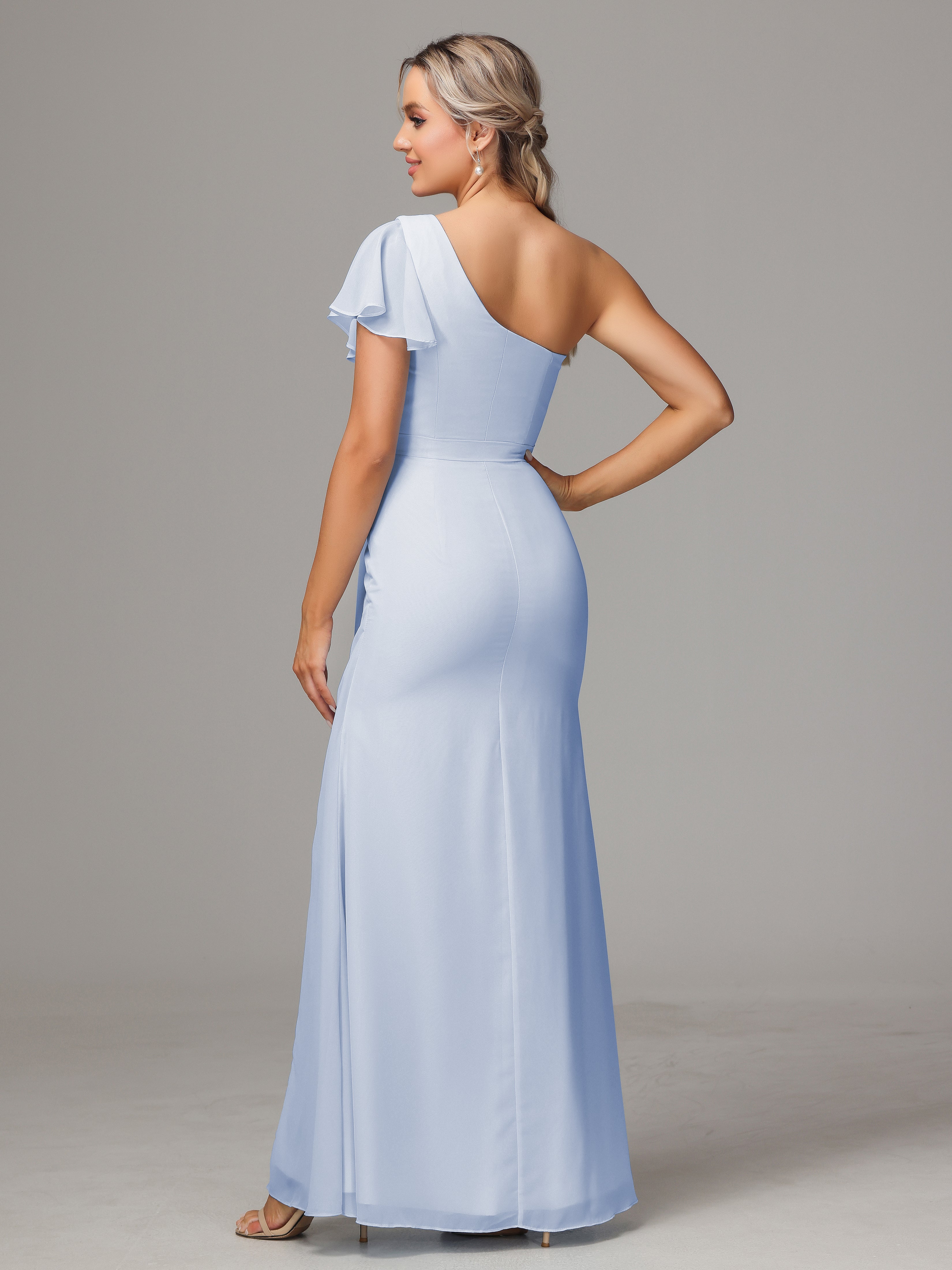 Robe Demoiselle D Honneur Bleu Ciel Fourreau Seule Épaule Fendue Devant Mousseline Robe Demoiselle D'Honneur