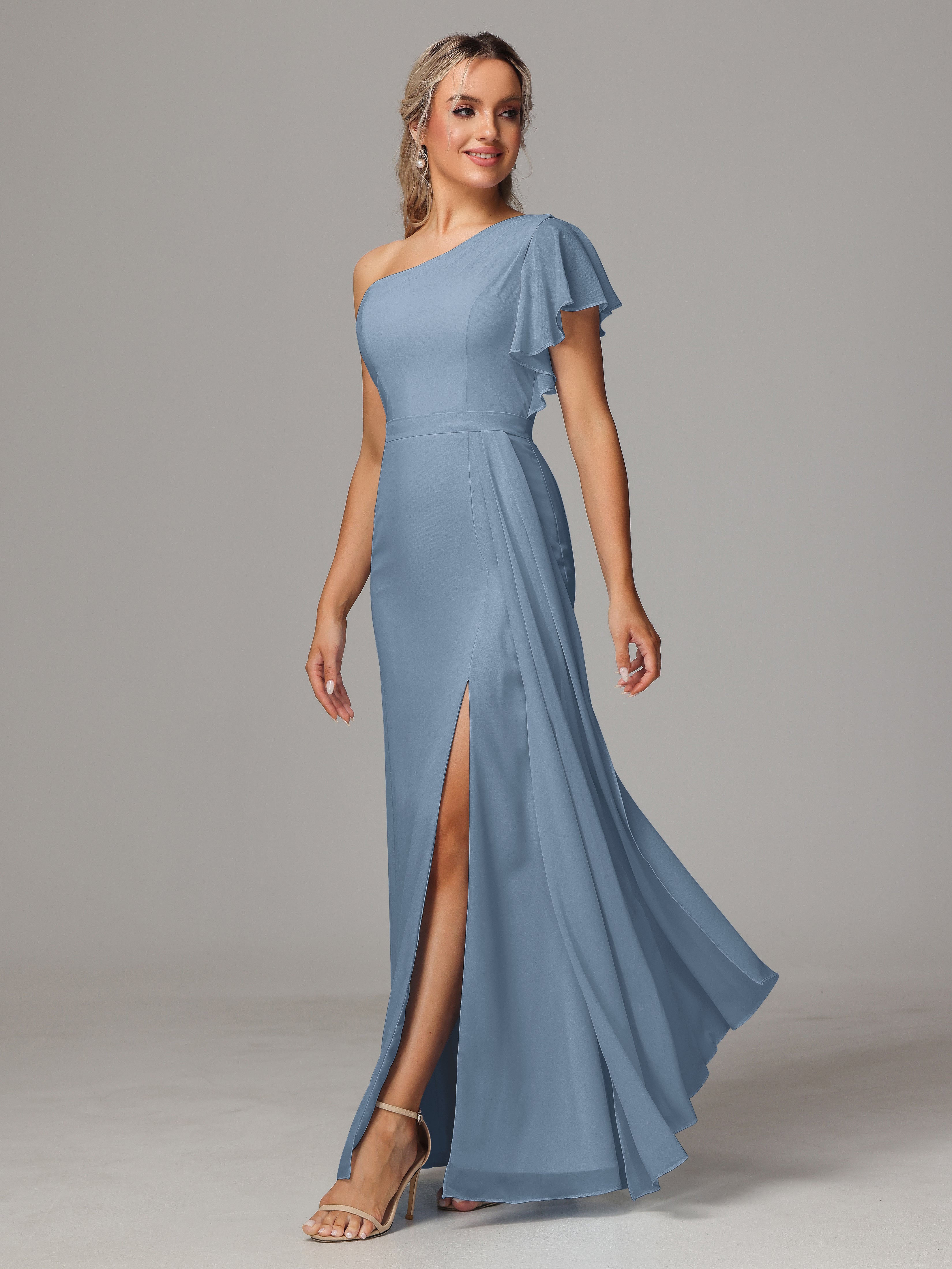 Robes De Demoiselle D'Honneur Bleu De Schiste Fourreau Seule Épaule Fendue Mousseline Robe Demoiselle D'Honneur
