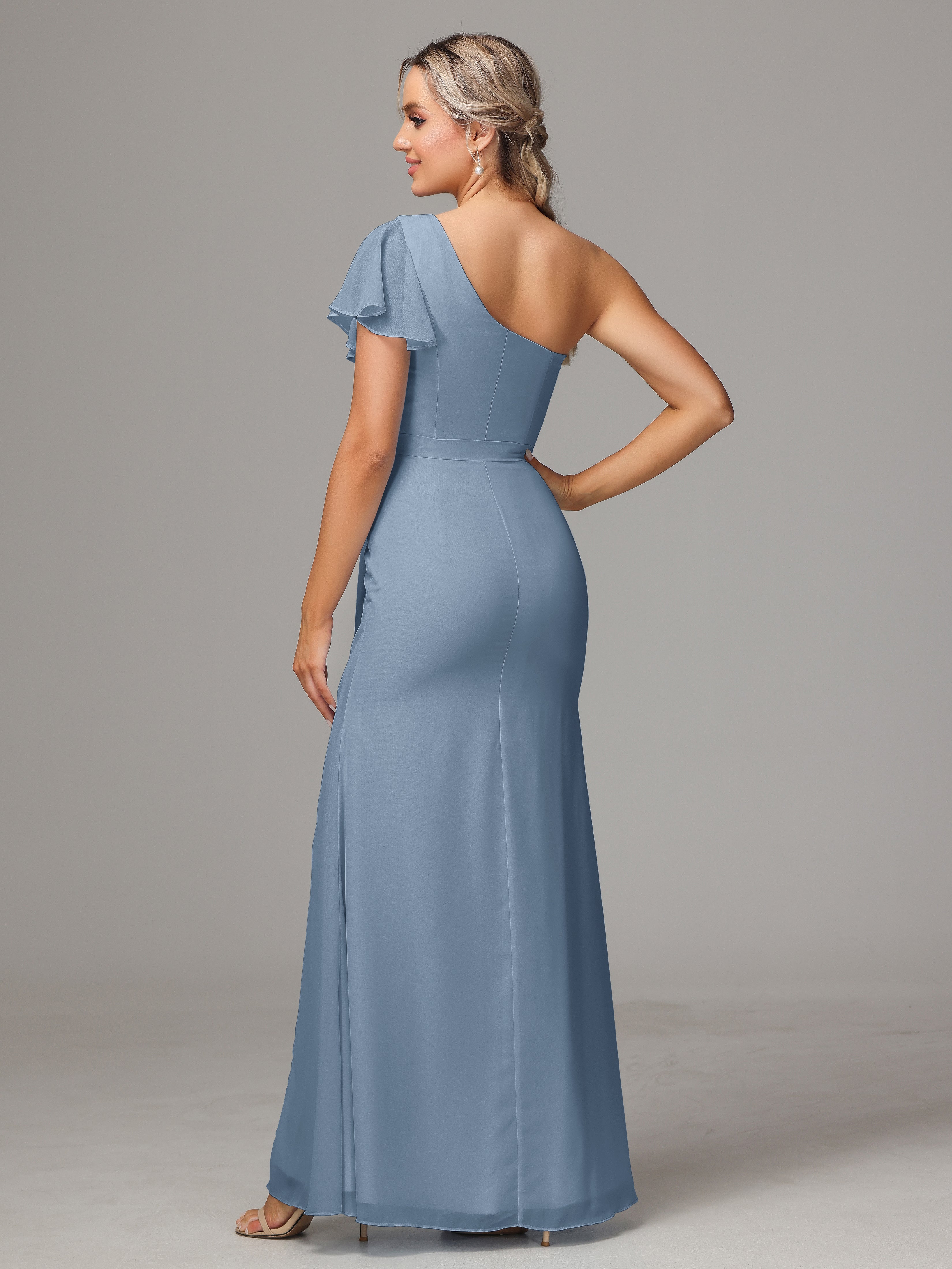Robes De Demoiselle D'Honneur Bleu De Schiste Fourreau Seule Épaule Fendue Mousseline Robe Demoiselle D'Honneur