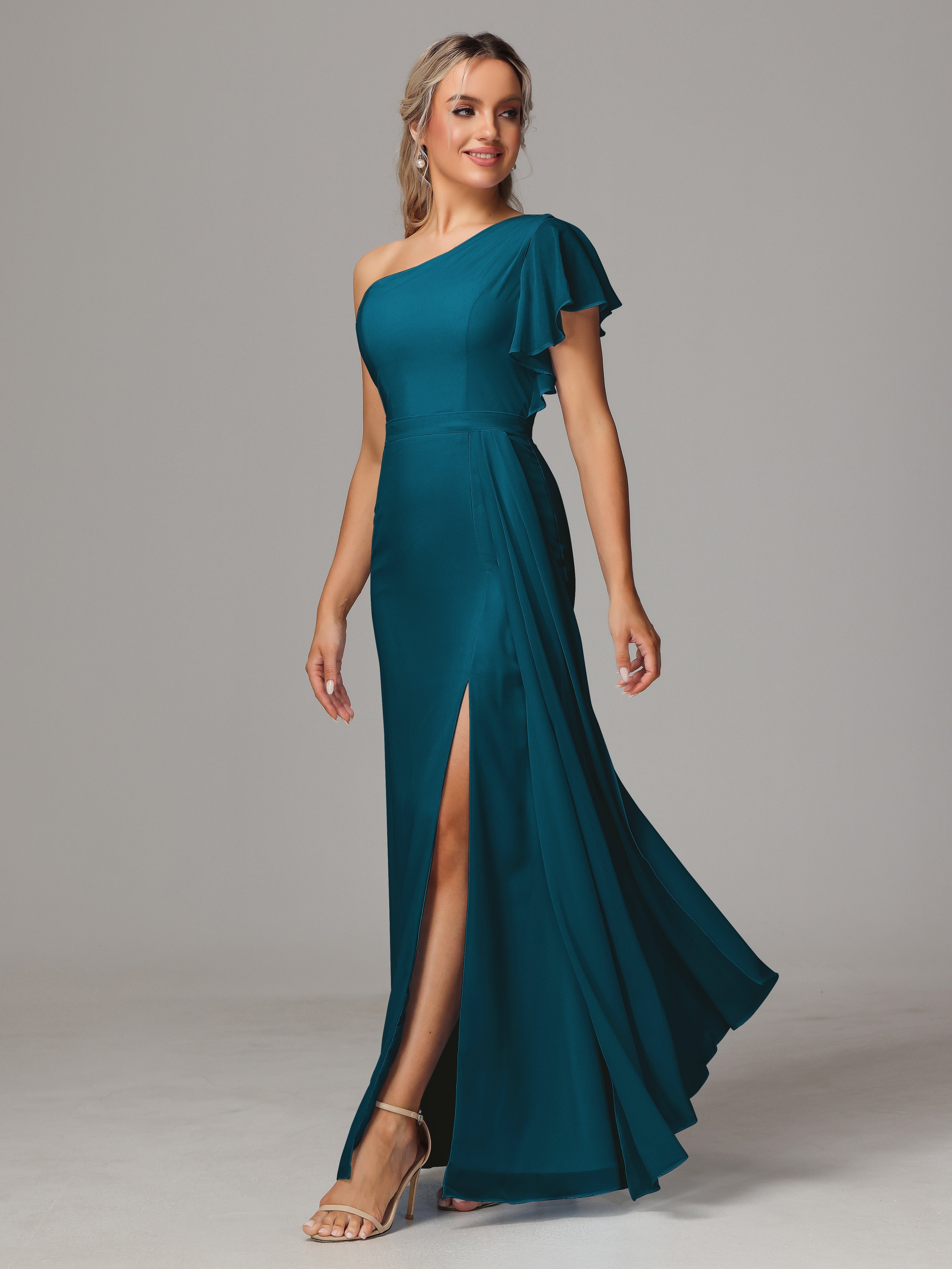 Robe De Demoiselle D'Honneur Bleu Encre Fourreau Seule Épaule Fendue Devant Mousseline