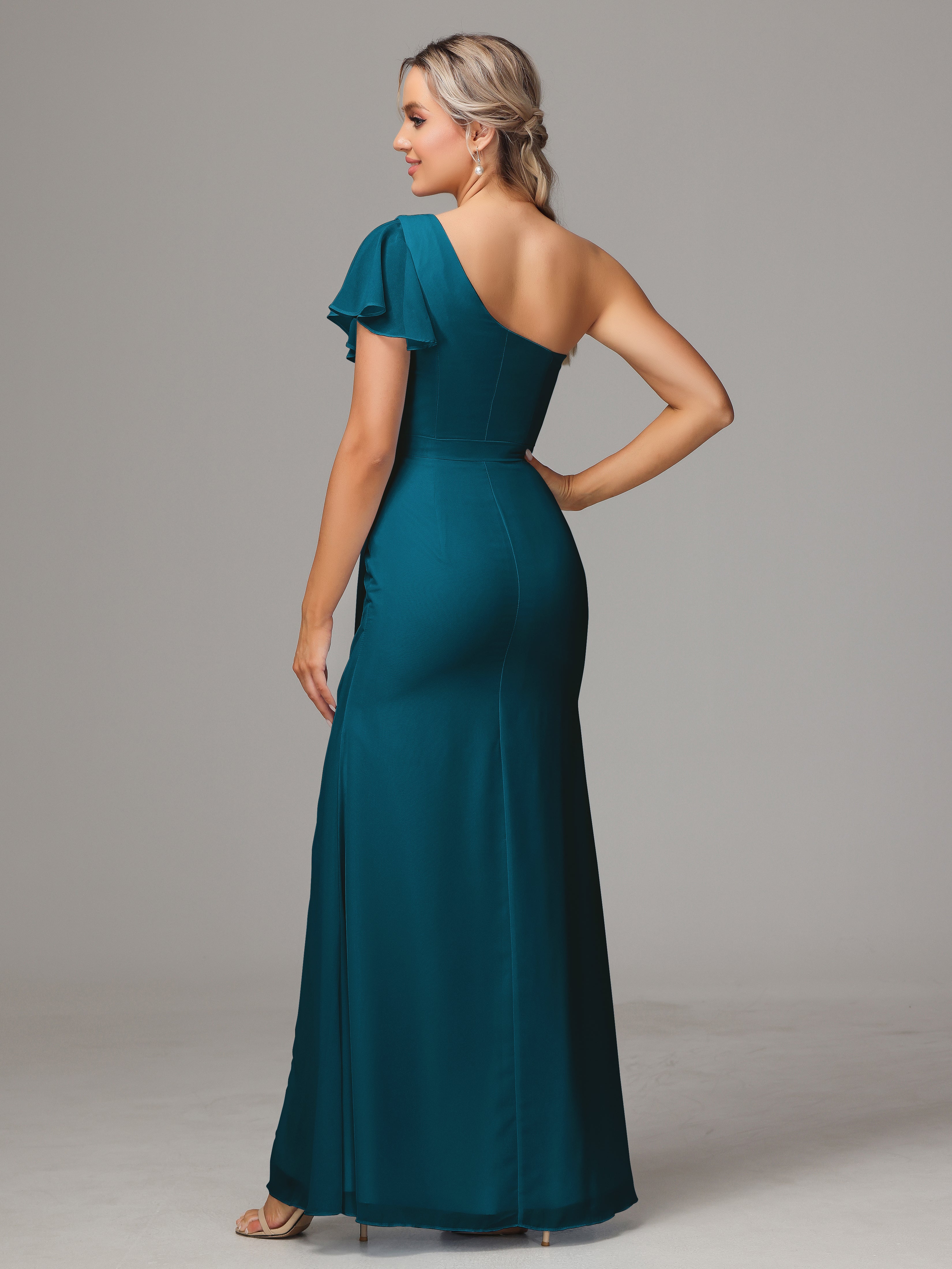 Robe De Demoiselle D'Honneur Bleu Encre Fourreau Seule Épaule Fendue Devant Mousseline