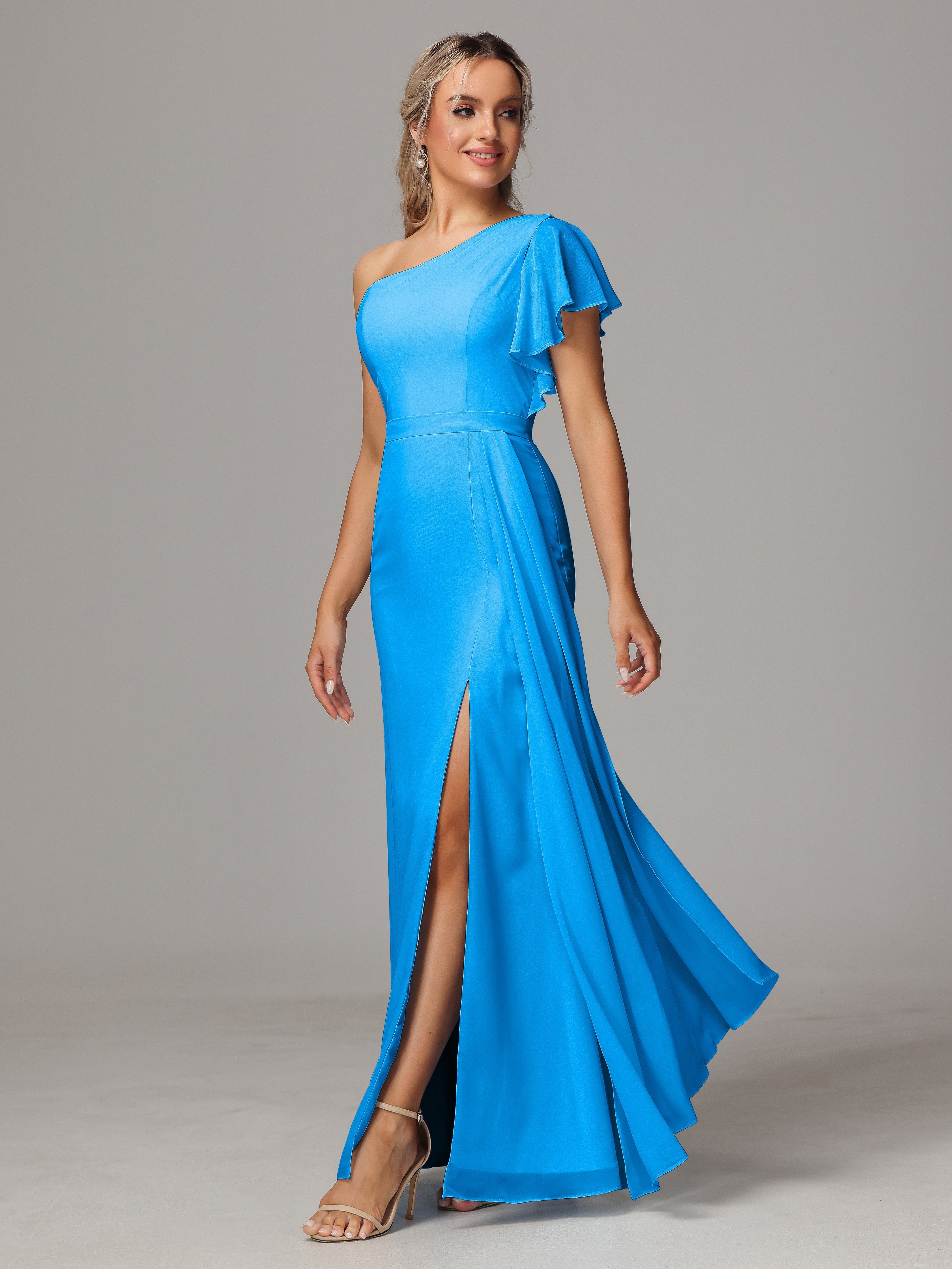 Robes De Demoiselle D'Honneur Bleu Océan Fourreau Seule Épaule Fendue Mousseline Robe Demoiselle D'Honneur