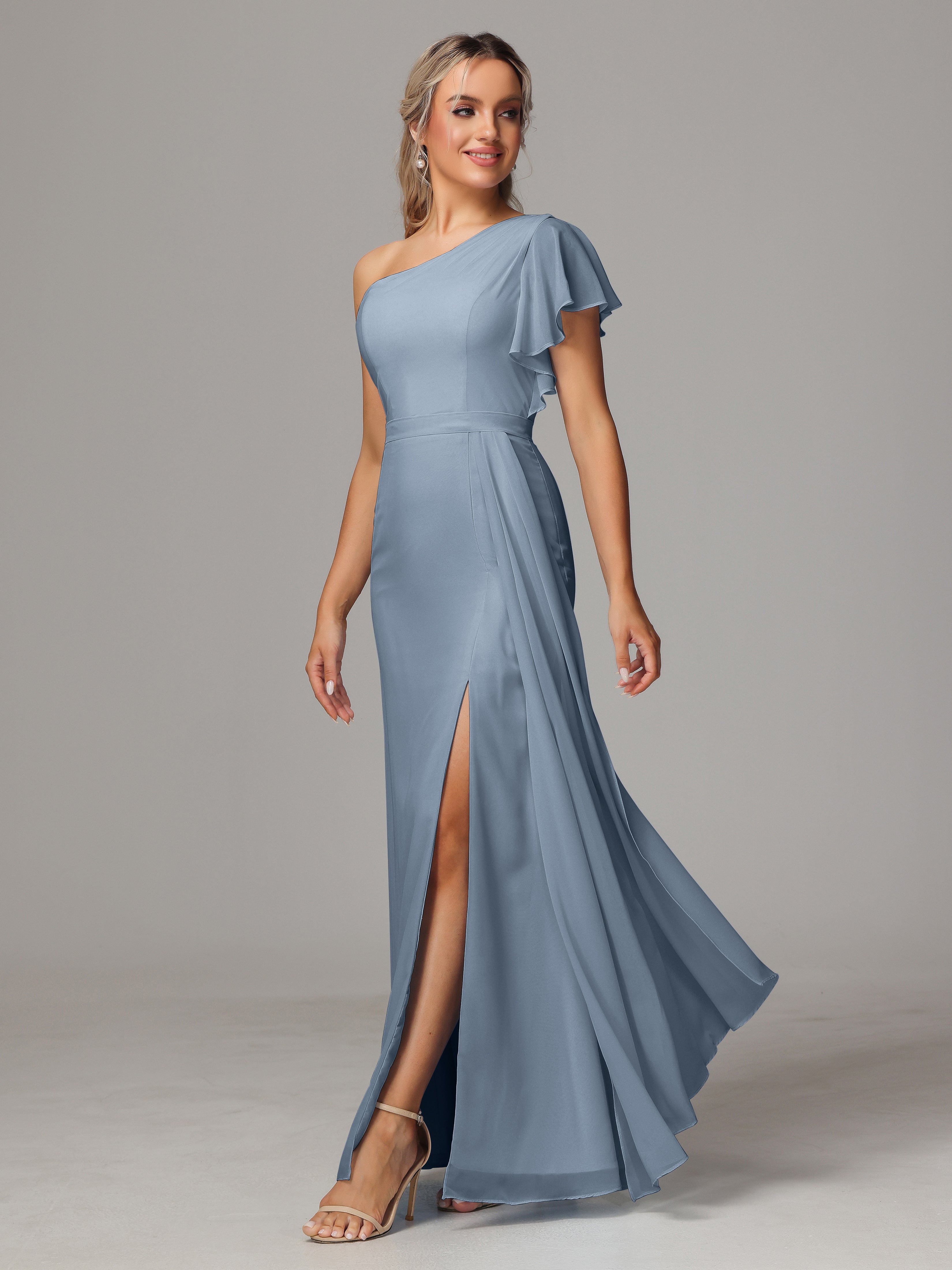 Robes De Demoiselle D'Honneur Bleu Gris Fourreau Seule Épaule Fendue Mousseline Robe Demoiselle D'Honneur