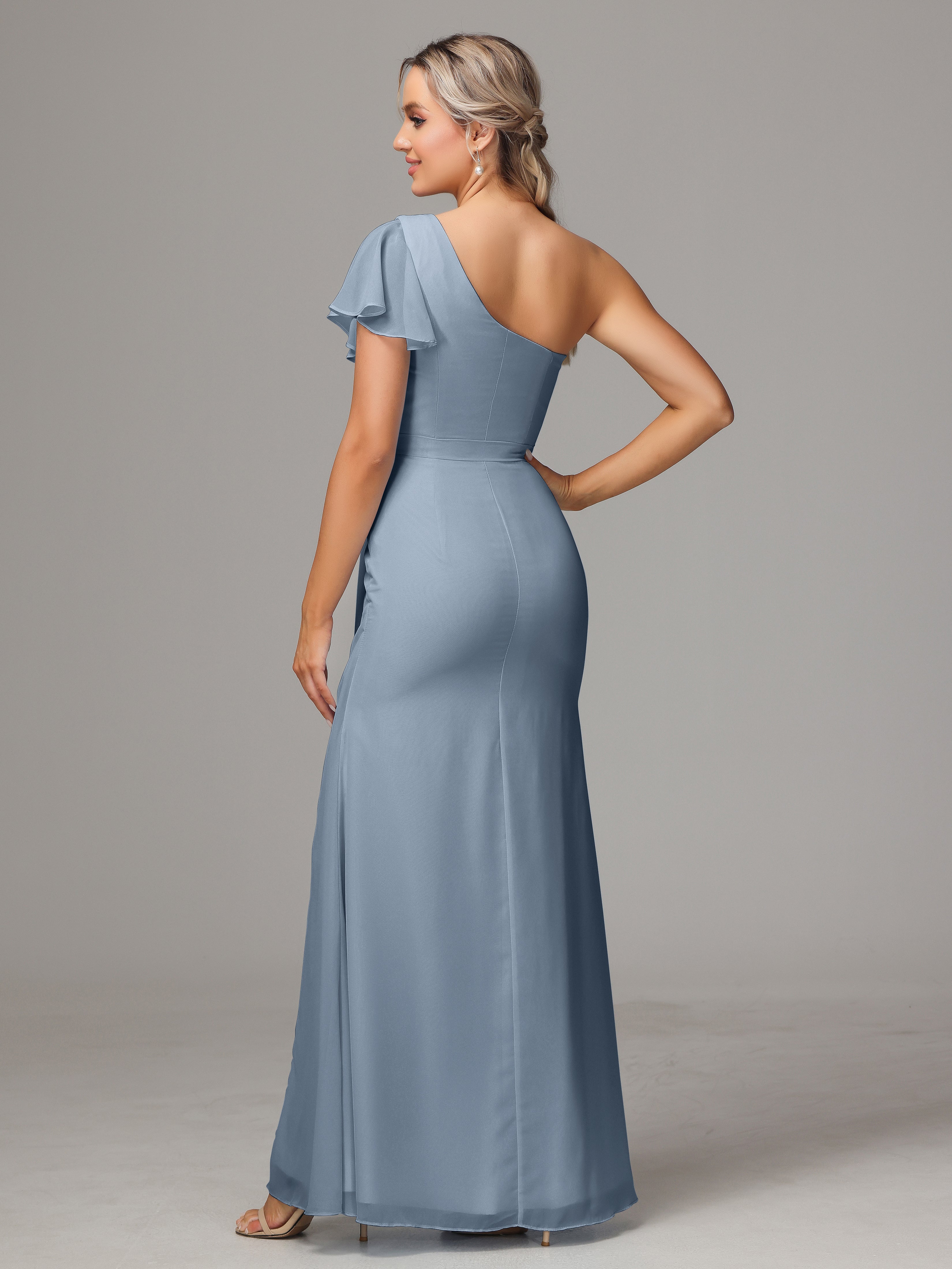 Robes De Demoiselle D'Honneur Bleu Gris Fourreau Seule Épaule Fendue Mousseline Robe Demoiselle D'Honneur