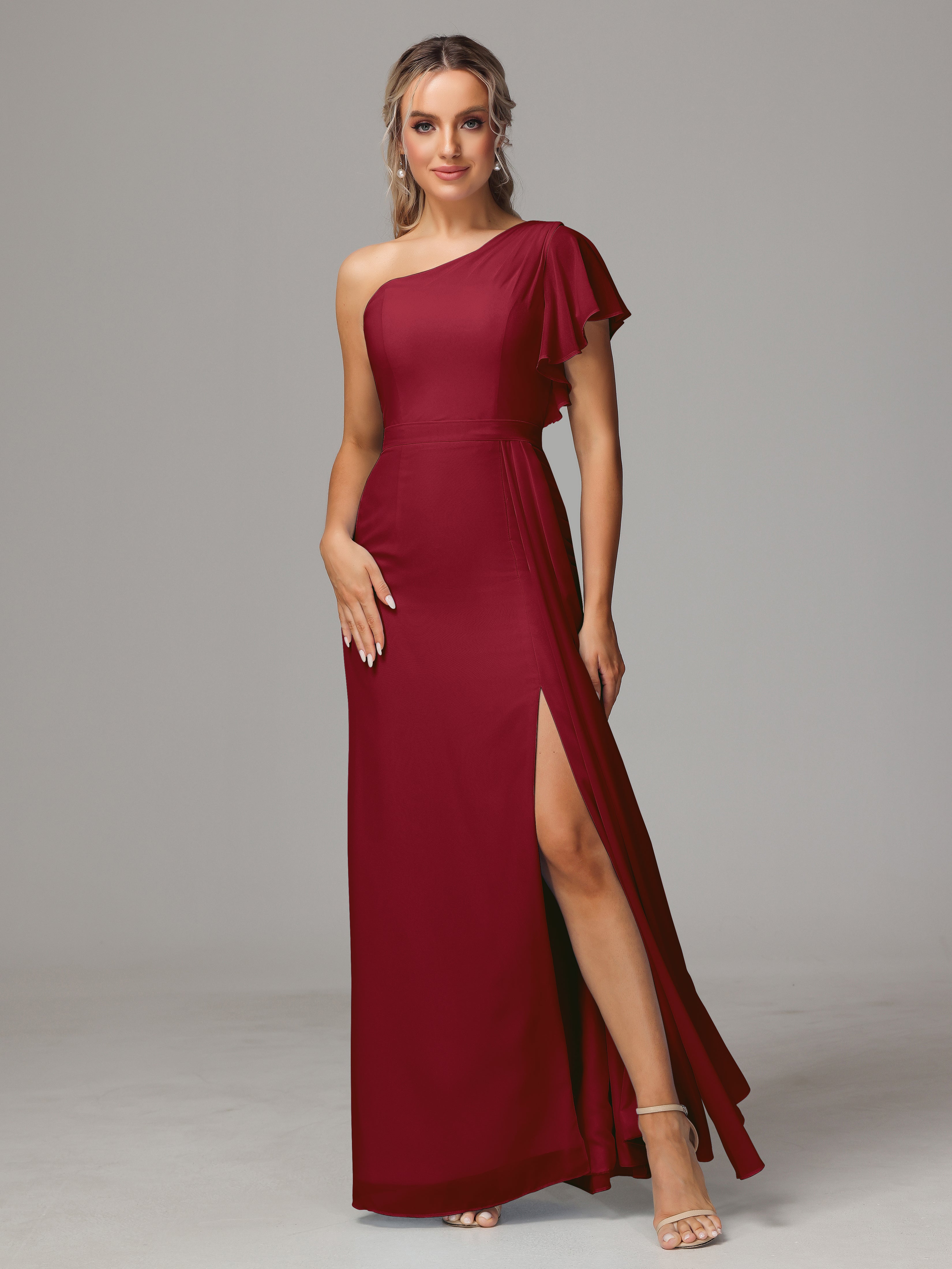 Robe Bordeaux Mariage Demoiselle D Honneur Fourreau Seule Épaule Fendue Mousseline Robe Demoiselle D'Honneur