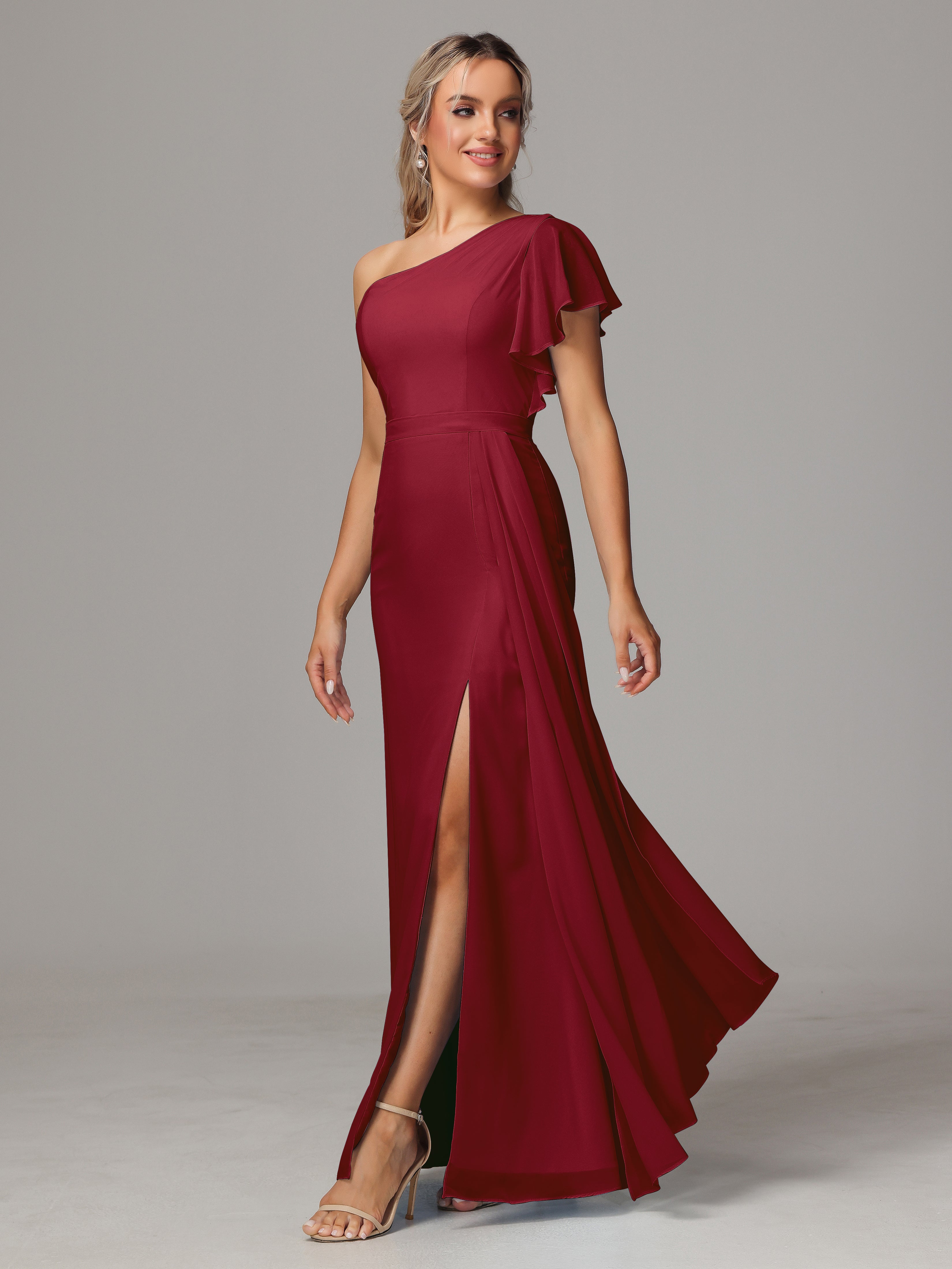 Robe Bordeaux Mariage Demoiselle D Honneur Fourreau Seule Épaule Fendue Mousseline Robe Demoiselle D'Honneur