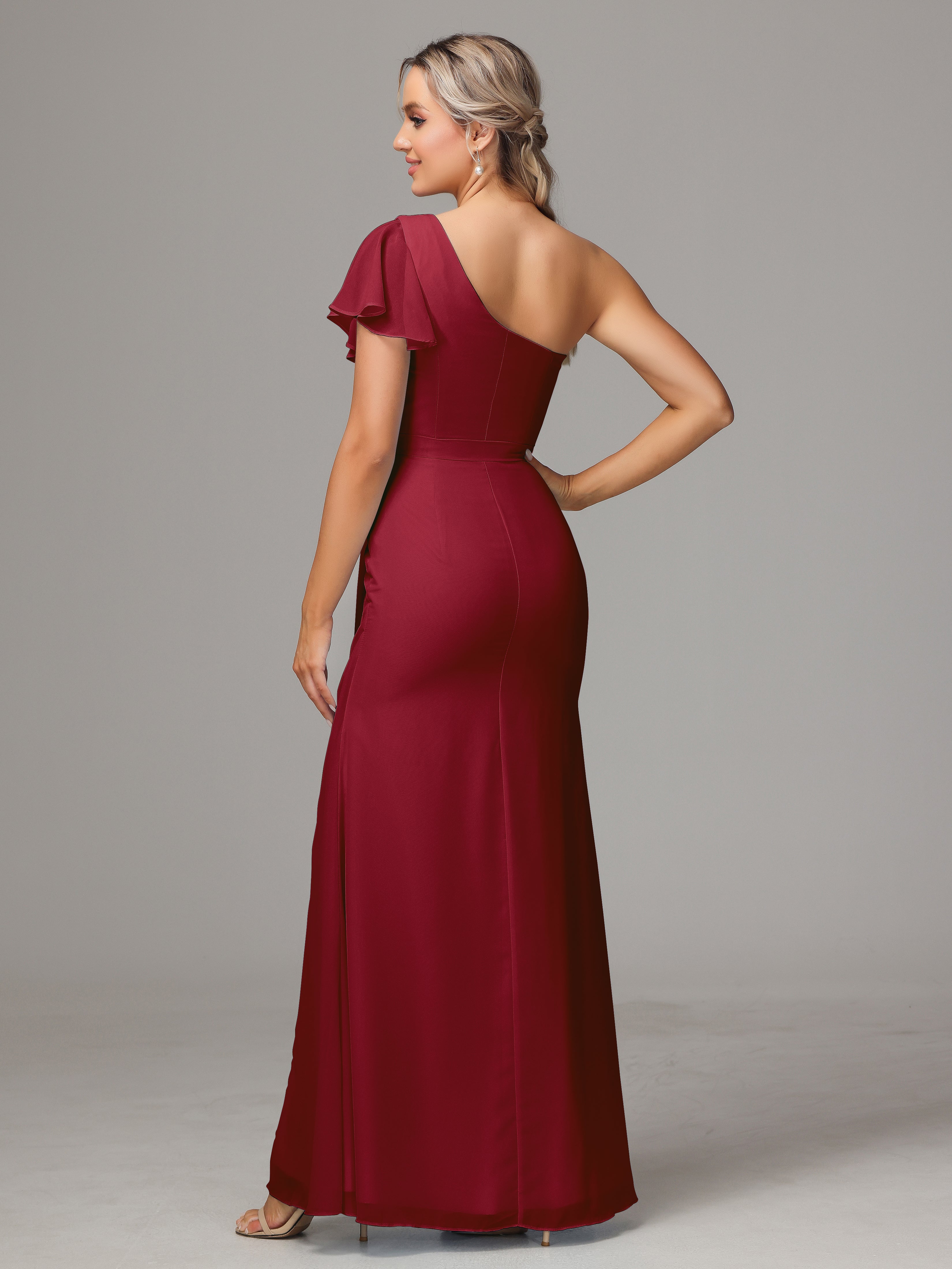 Robe Bordeaux Mariage Demoiselle D Honneur Fourreau Seule Épaule Fendue Mousseline Robe Demoiselle D'Honneur