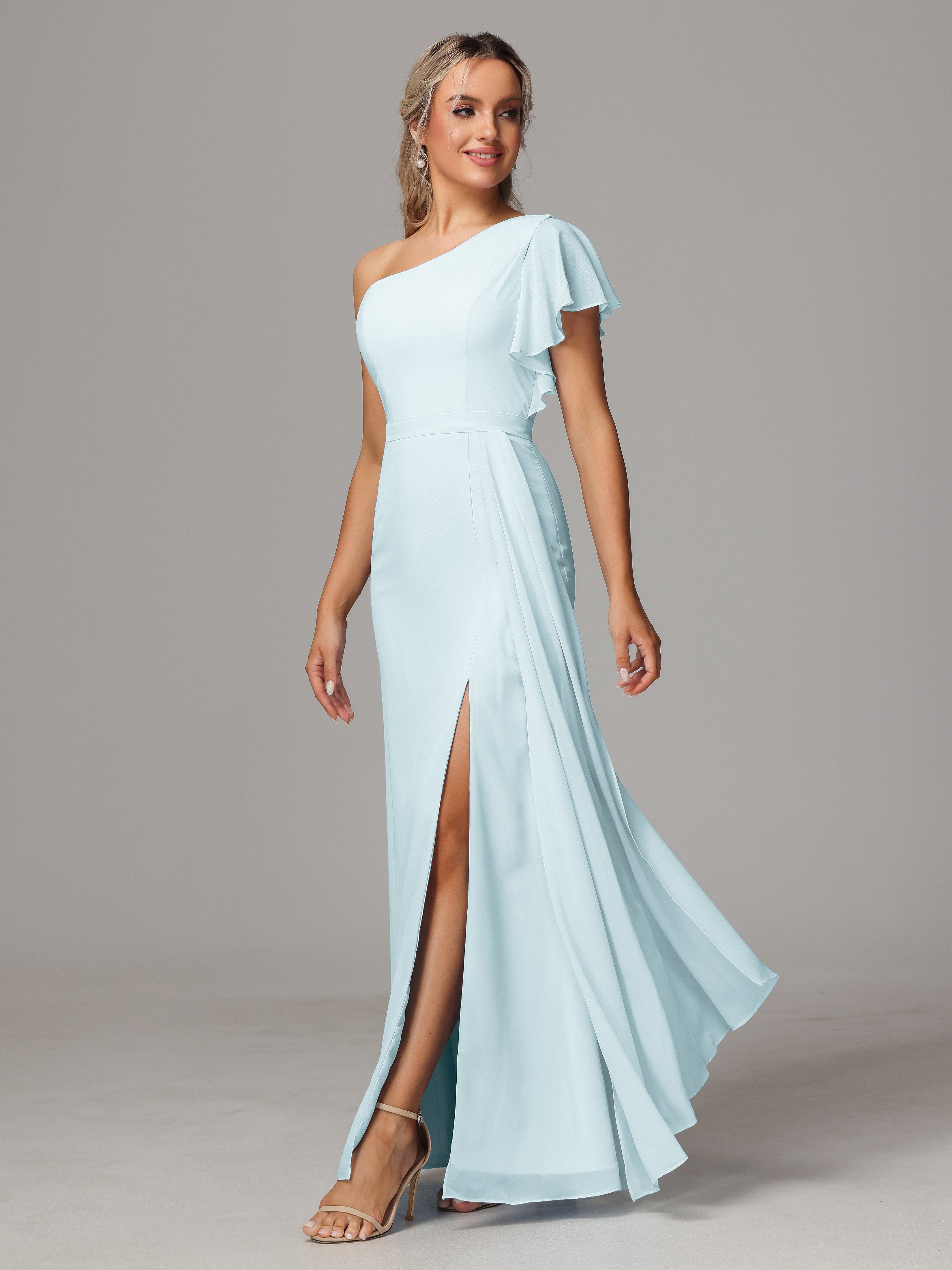Robe De Demoiselle D'Honneur Brume Fourreau Seule Épaule Fendue Mousseline Robe Demoiselle D'Honneur