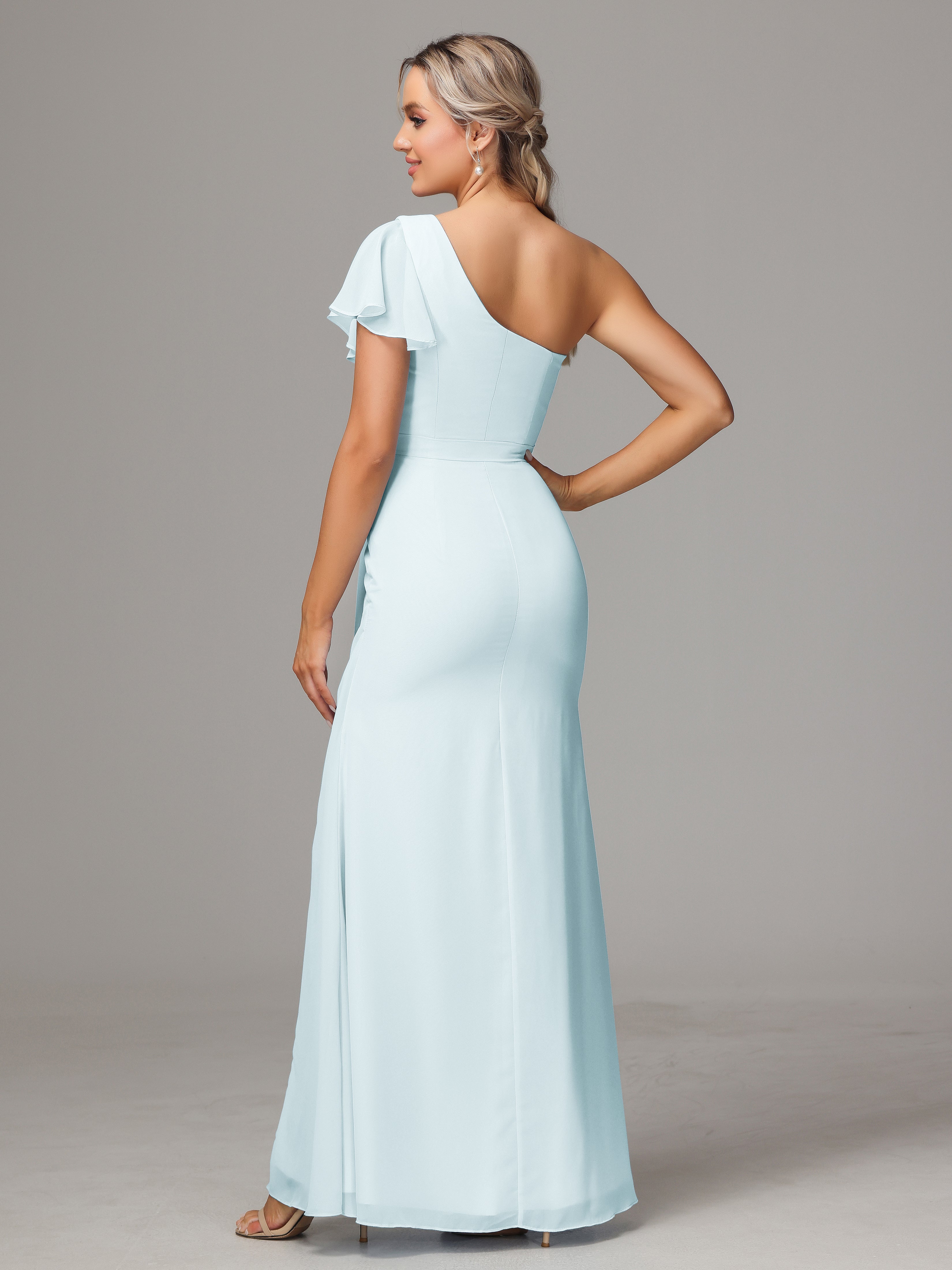 Robe De Demoiselle D'Honneur Brume Fourreau Seule Épaule Fendue Mousseline Robe Demoiselle D'Honneur