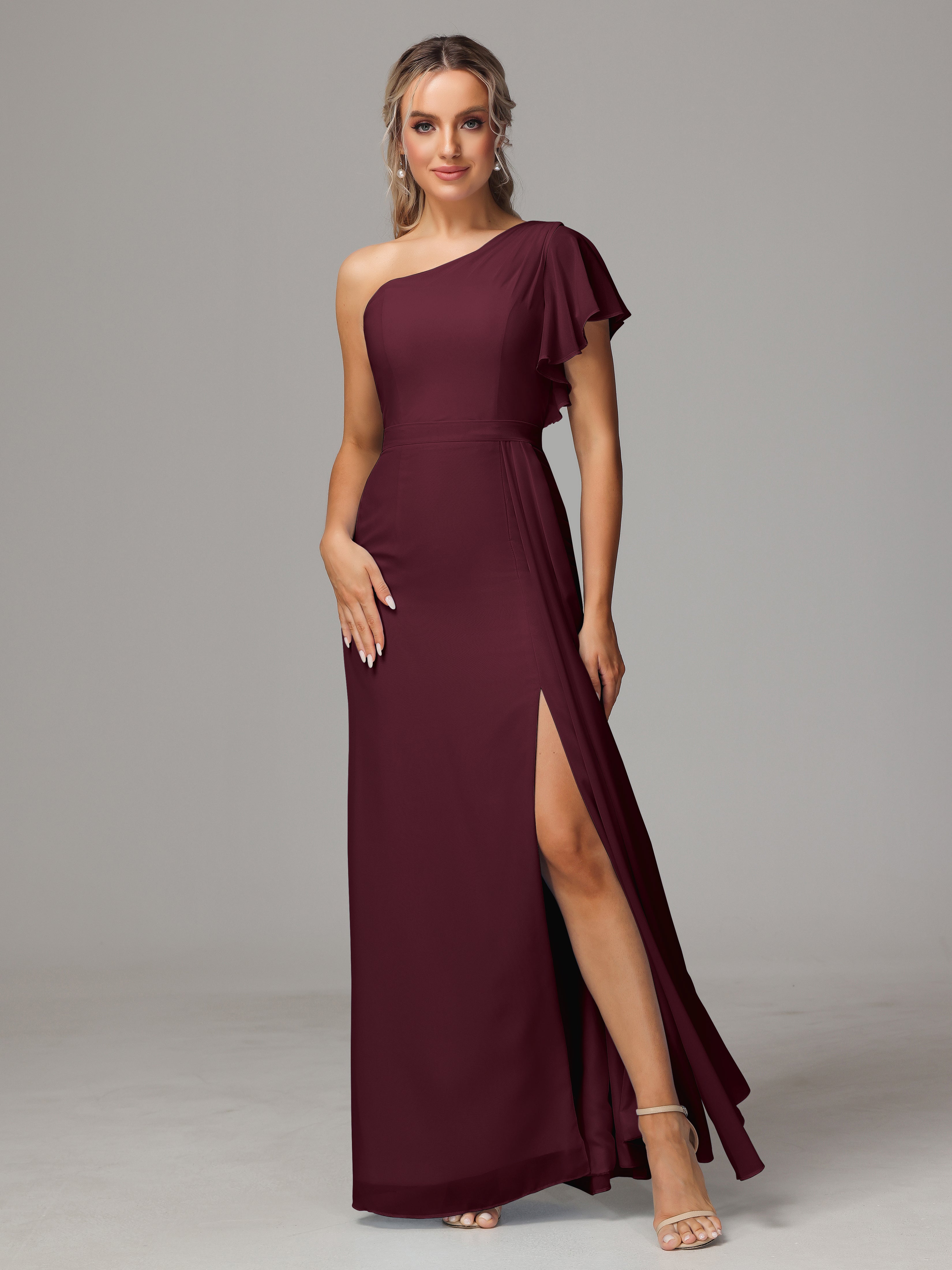 Robes De Demoiselle D'Honneur Cabernet Fourreau Seule Épaule Fendue Mousseline Robe Demoiselle D'Honneur