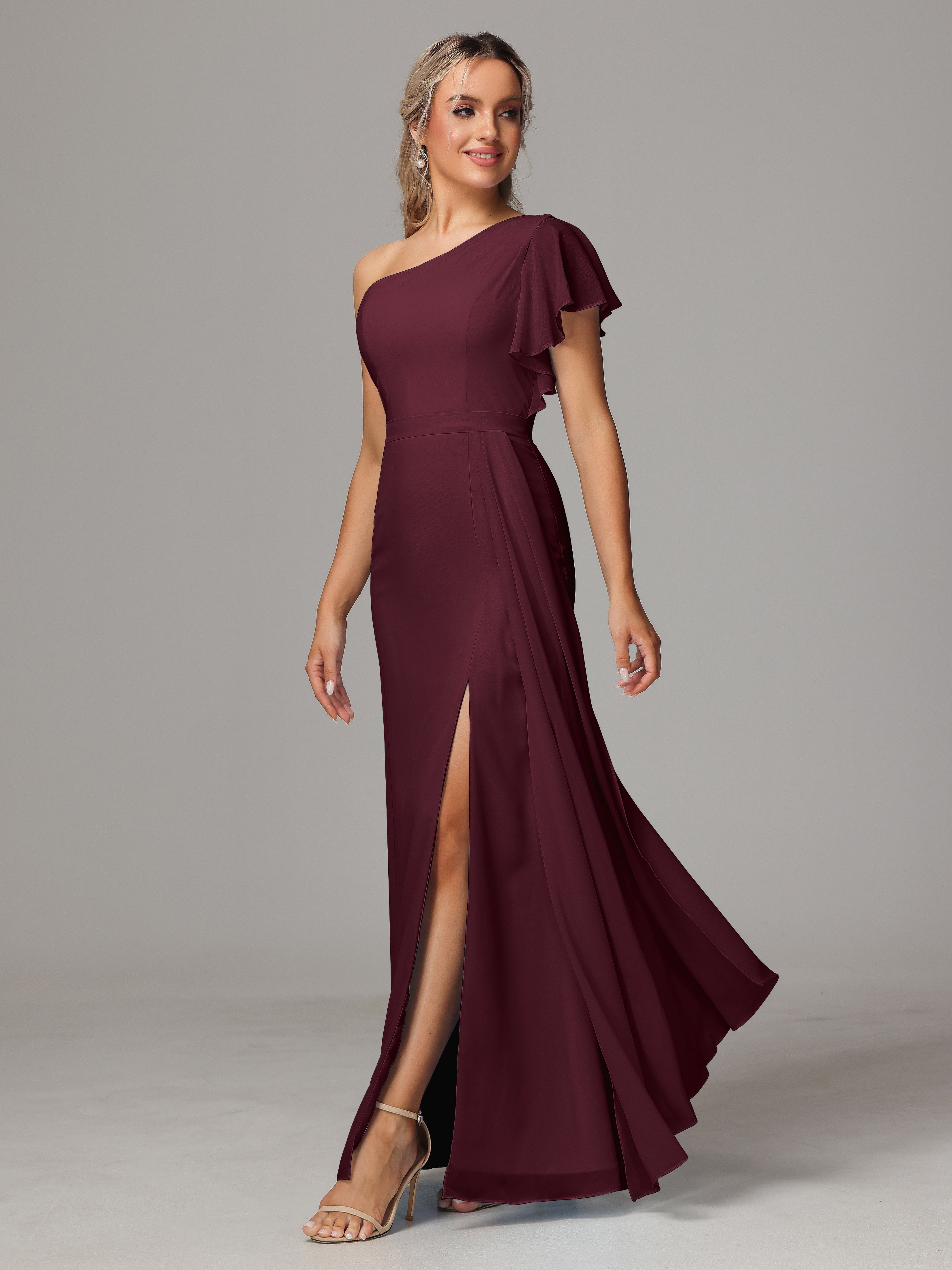 Robes De Demoiselle D'Honneur Cabernet Fourreau Seule Épaule Fendue Mousseline Robe Demoiselle D'Honneur