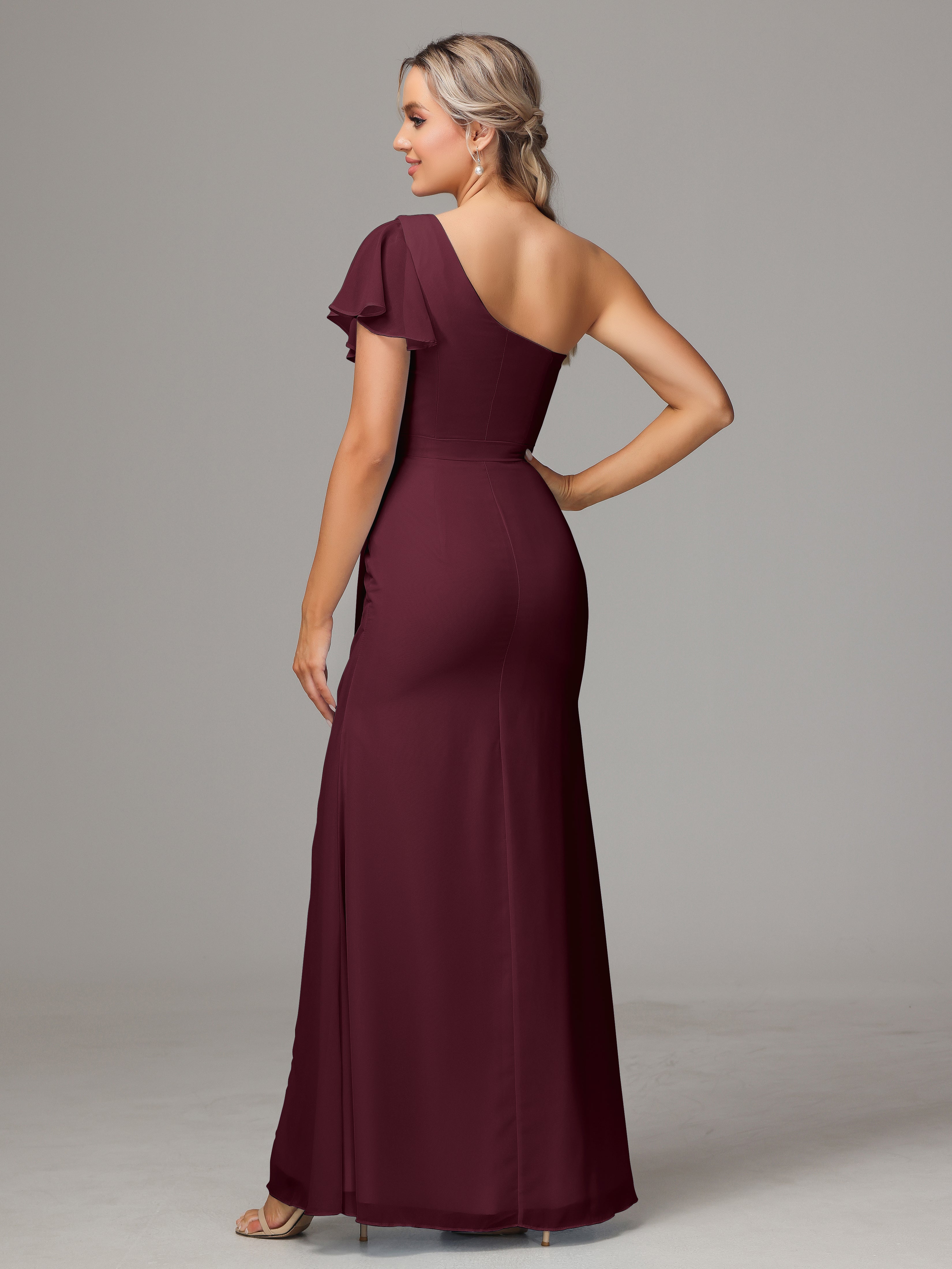 Robes De Demoiselle D'Honneur Cabernet Fourreau Seule Épaule Fendue Mousseline Robe Demoiselle D'Honneur