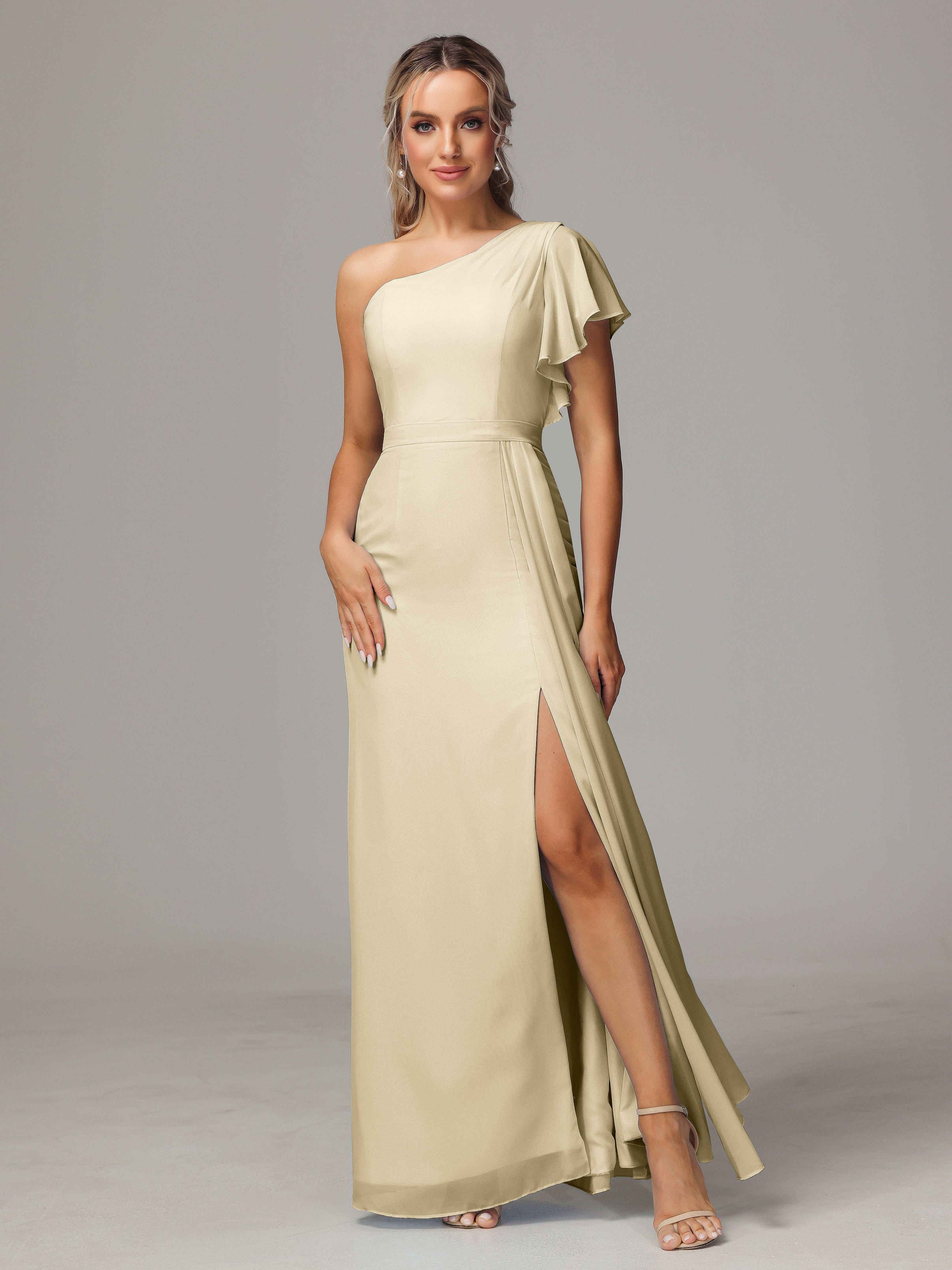 Champagne Robe Demoiselle D Honneur Fourreau Seule Épaule Fendue Mousseline Robe Demoiselle D'Honneur