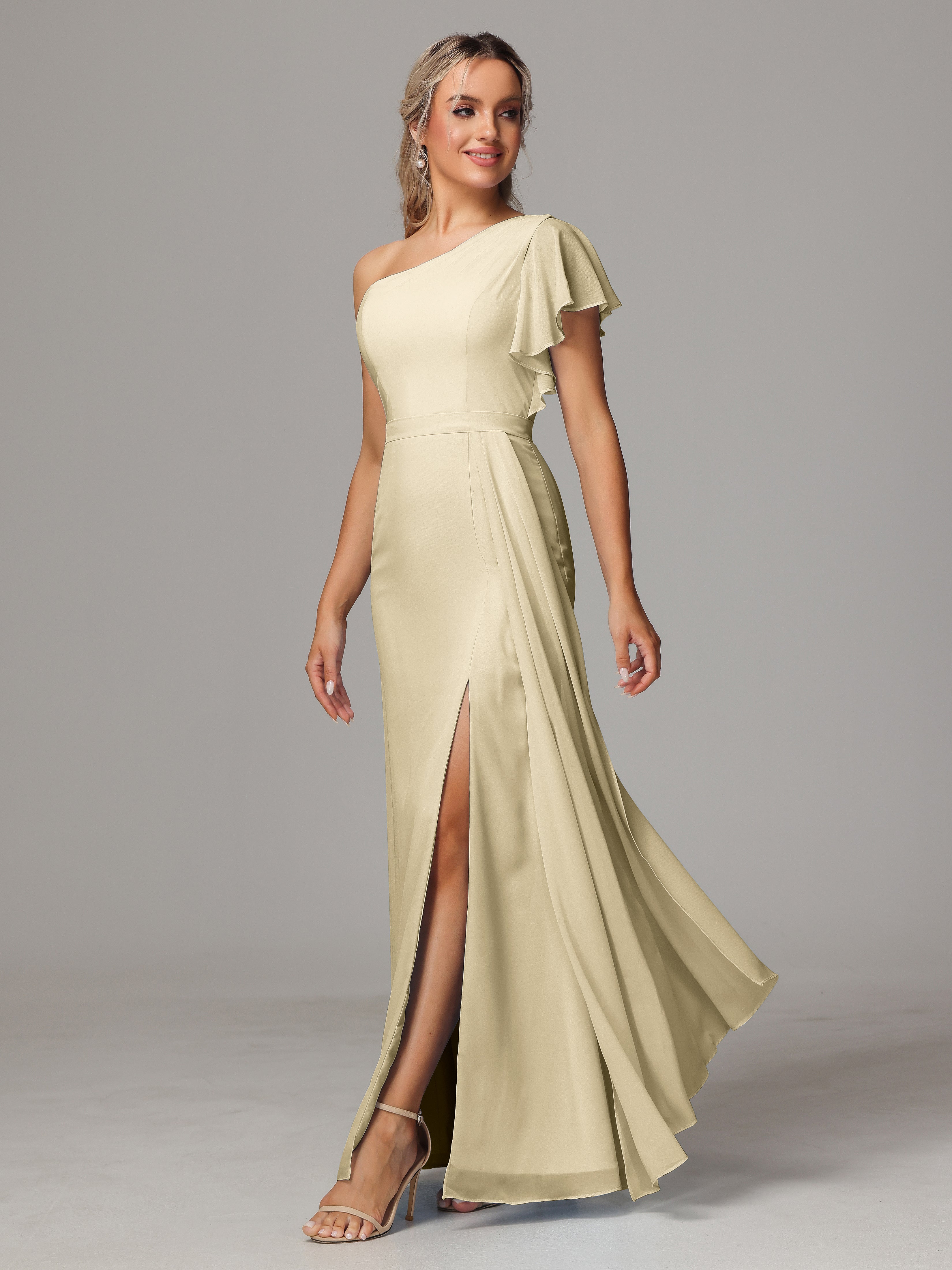 Champagne Robe Demoiselle D Honneur Fourreau Seule Épaule Fendue Mousseline Robe Demoiselle D'Honneur