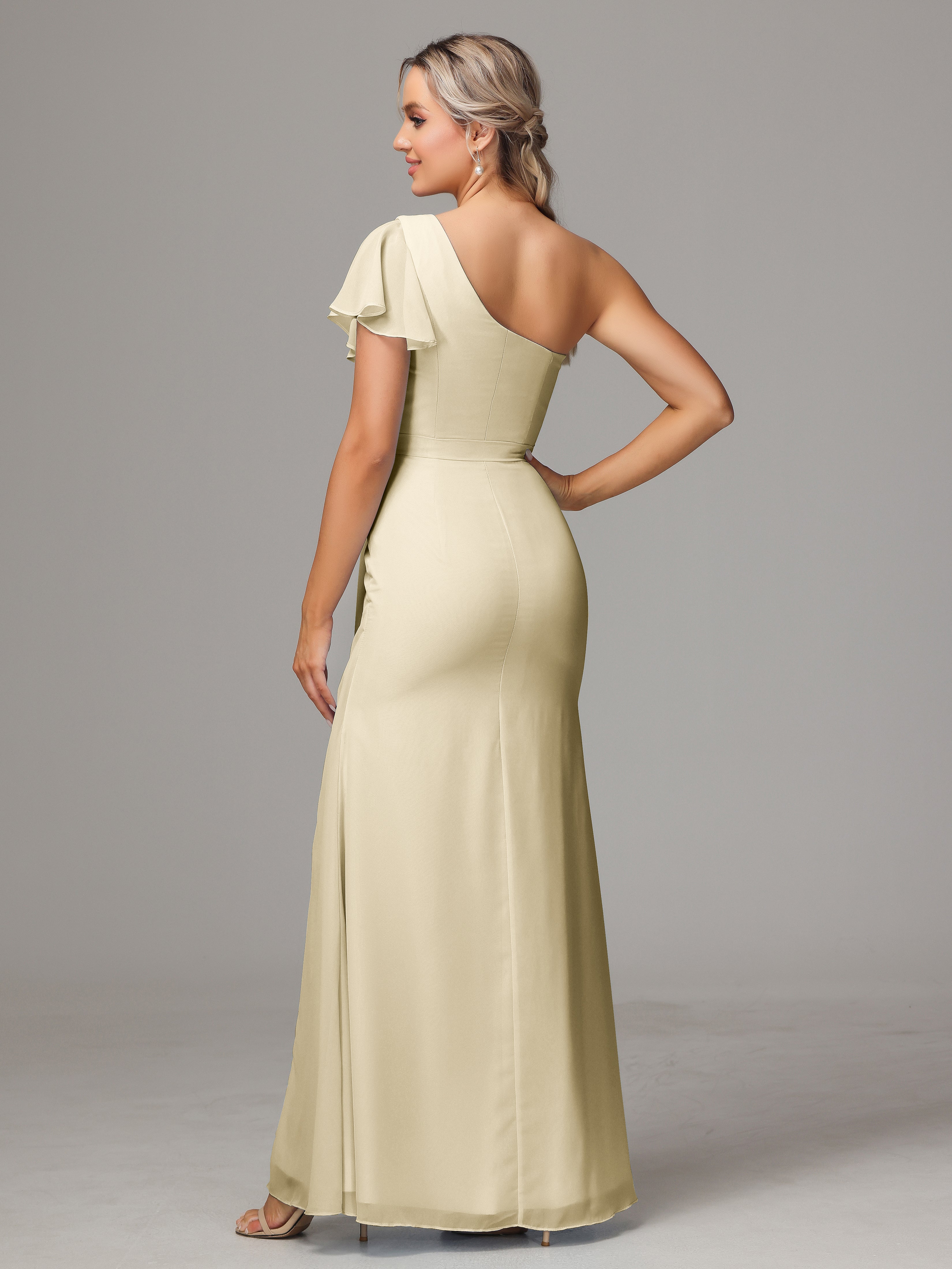Champagne Robe Demoiselle D Honneur Fourreau Seule Épaule Fendue Mousseline Robe Demoiselle D'Honneur