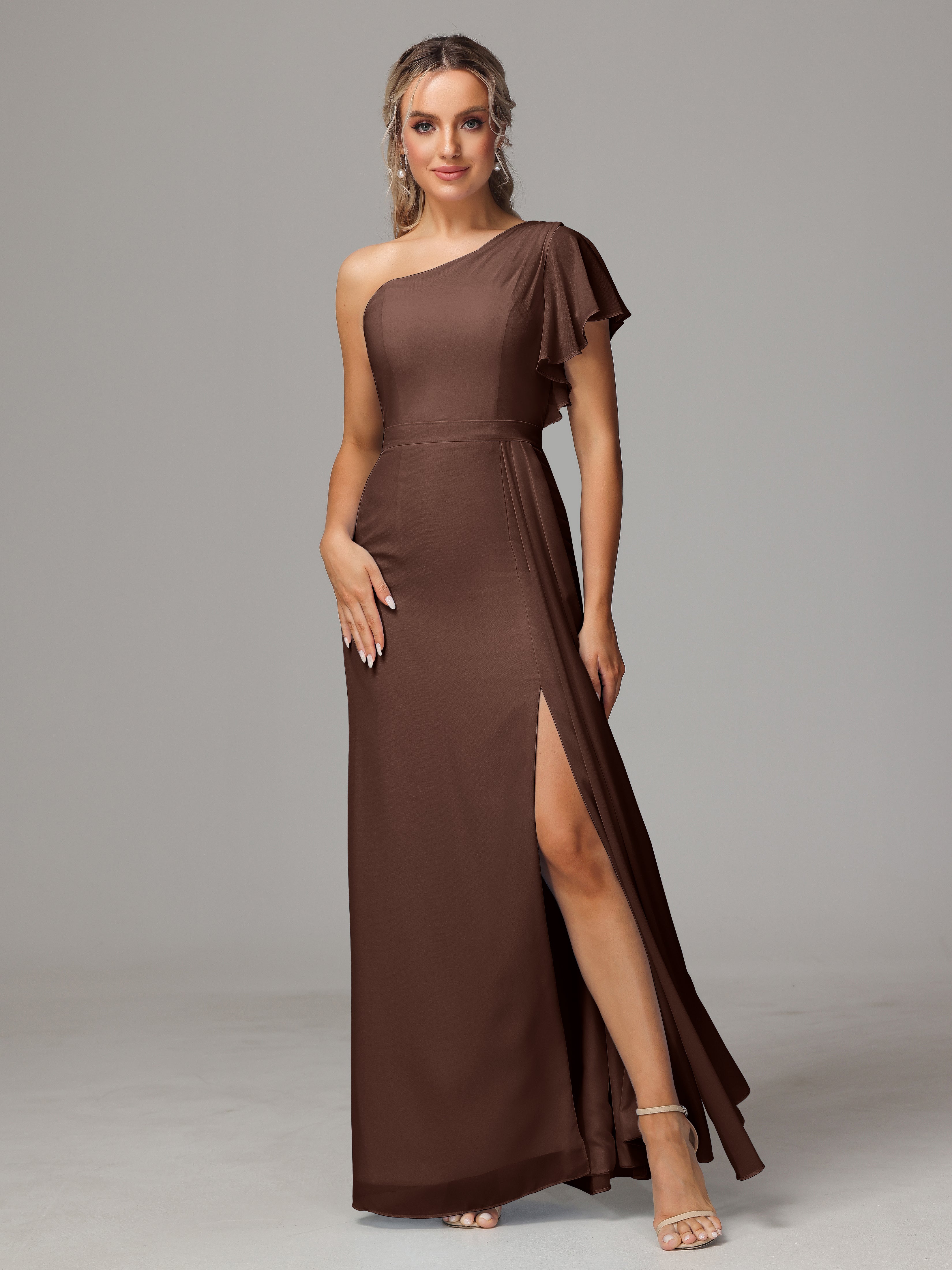 Robe Demoiselle D Honneur Marron Chocolat Fourreau Seule Épaule Fendue Mousseline Robe Demoiselle D'Honneur