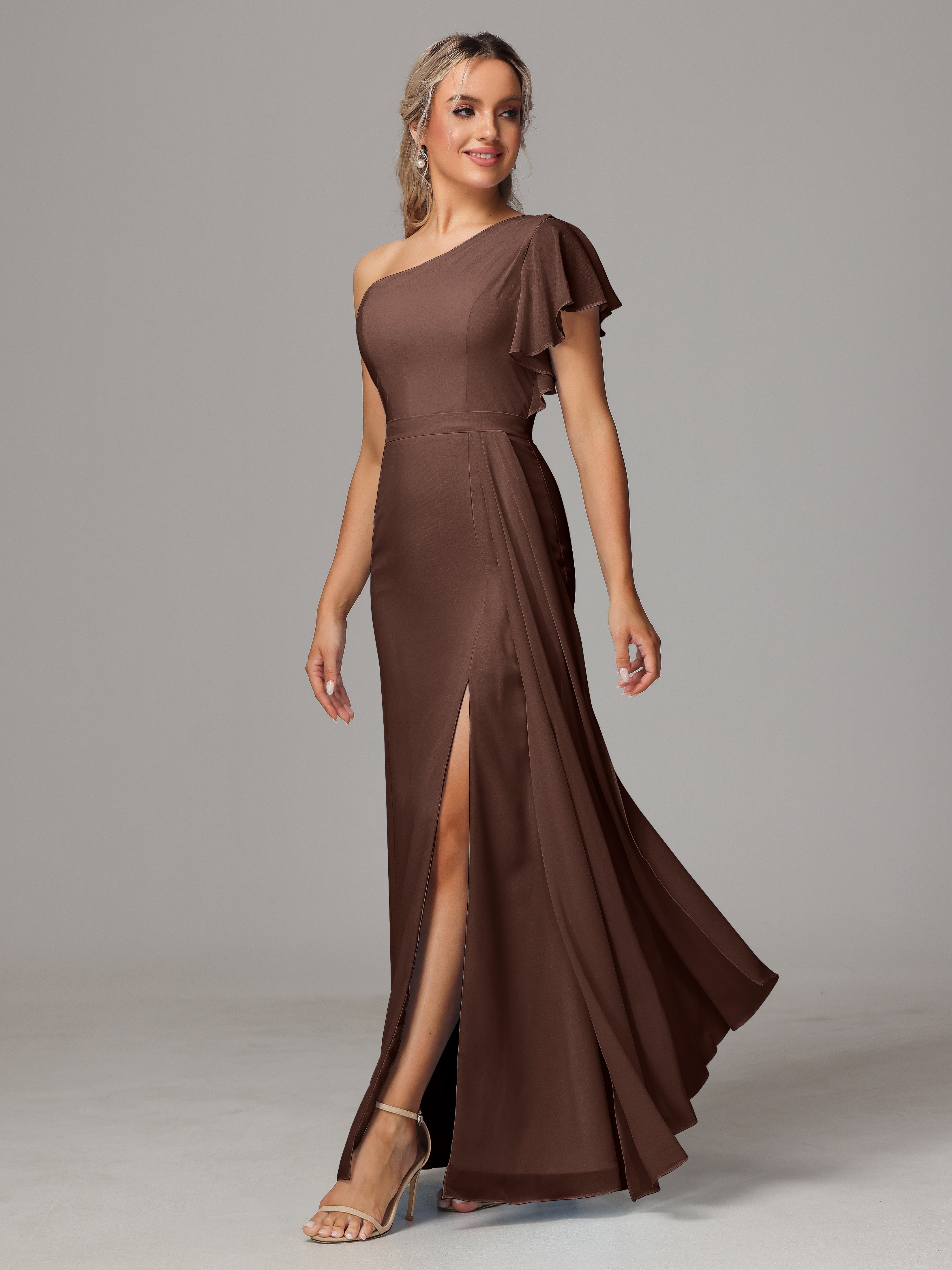 Robe Demoiselle D Honneur Marron Chocolat Fourreau Seule Épaule Fendue Mousseline Robe Demoiselle D'Honneur