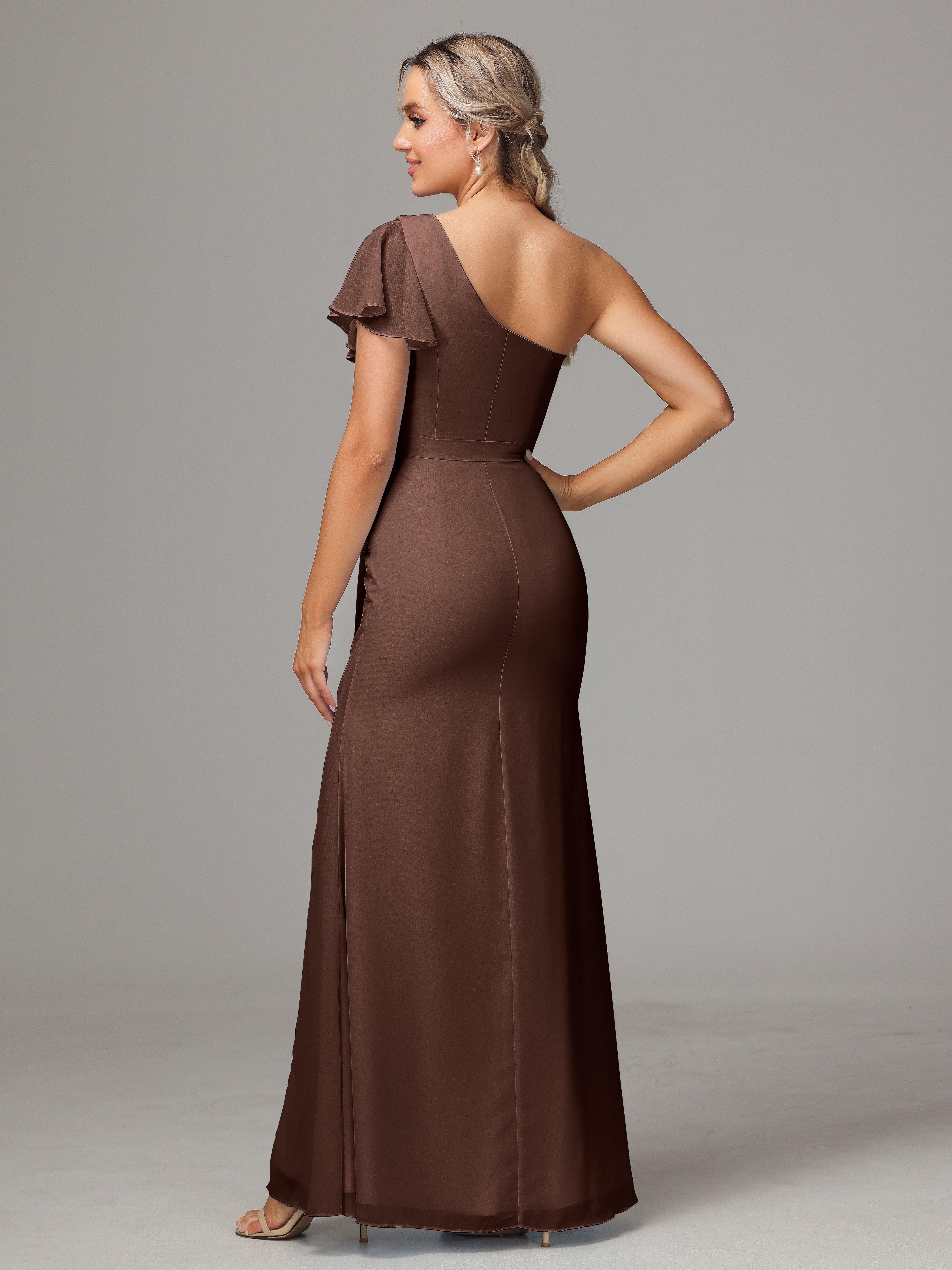 Robe Demoiselle D Honneur Marron Chocolat Fourreau Seule Épaule Fendue Mousseline Robe Demoiselle D'Honneur