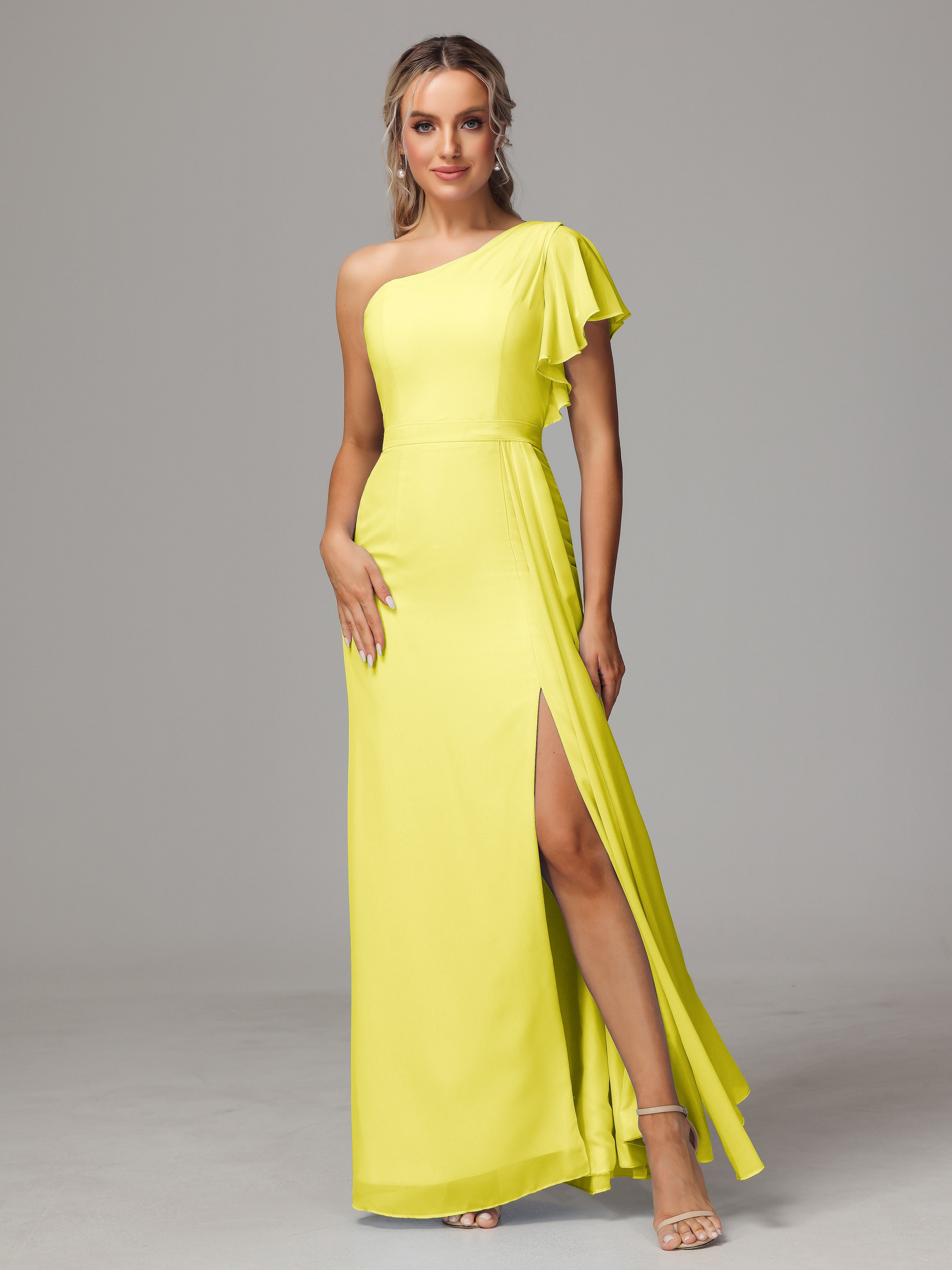 Robes De Demoiselle D'Honneur Citron Fourreau Seule Épaule Fendue Mousseline Robe Demoiselle D'Honneur