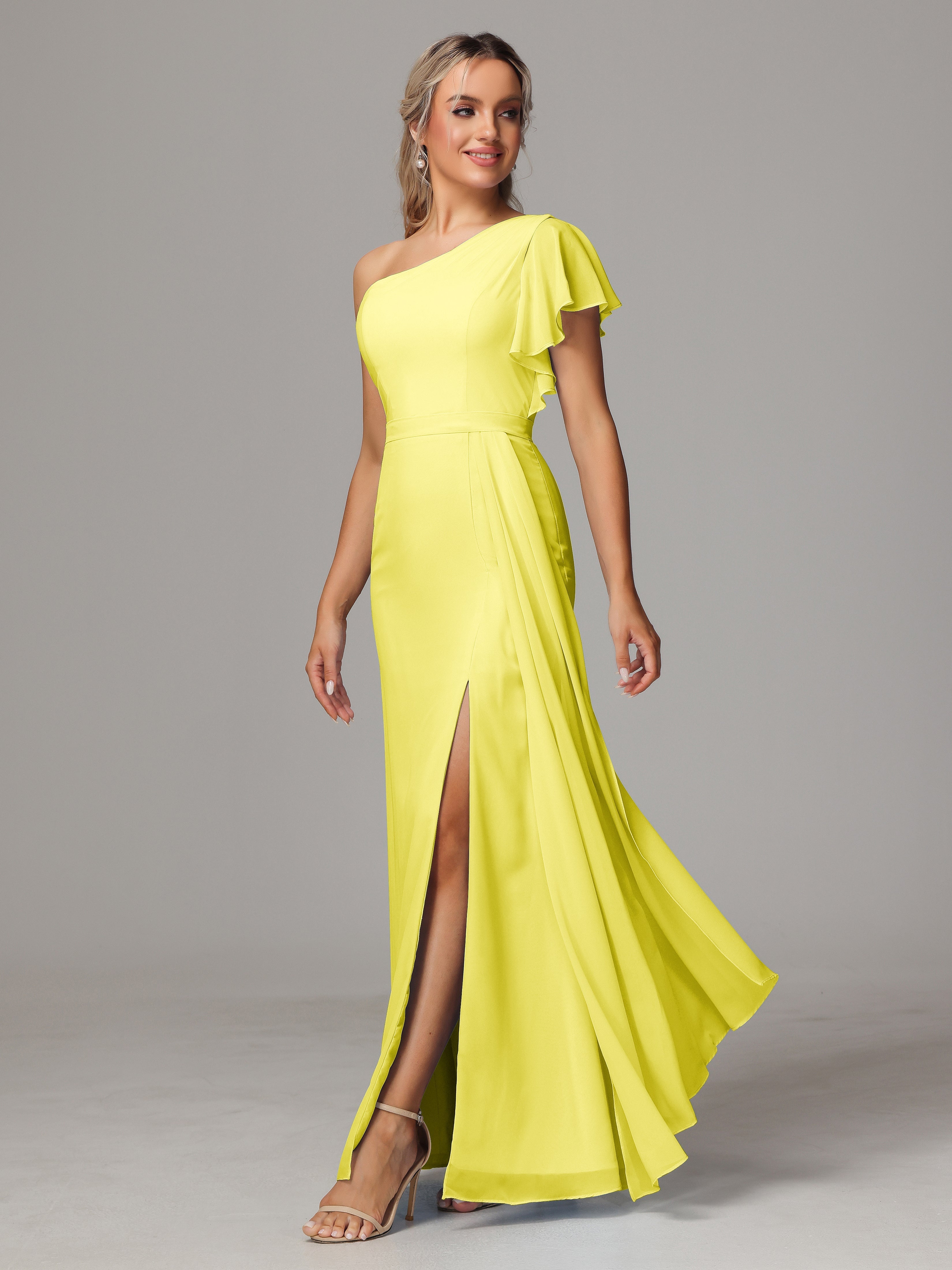 Robes De Demoiselle D'Honneur Citron Fourreau Seule Épaule Fendue Mousseline Robe Demoiselle D'Honneur