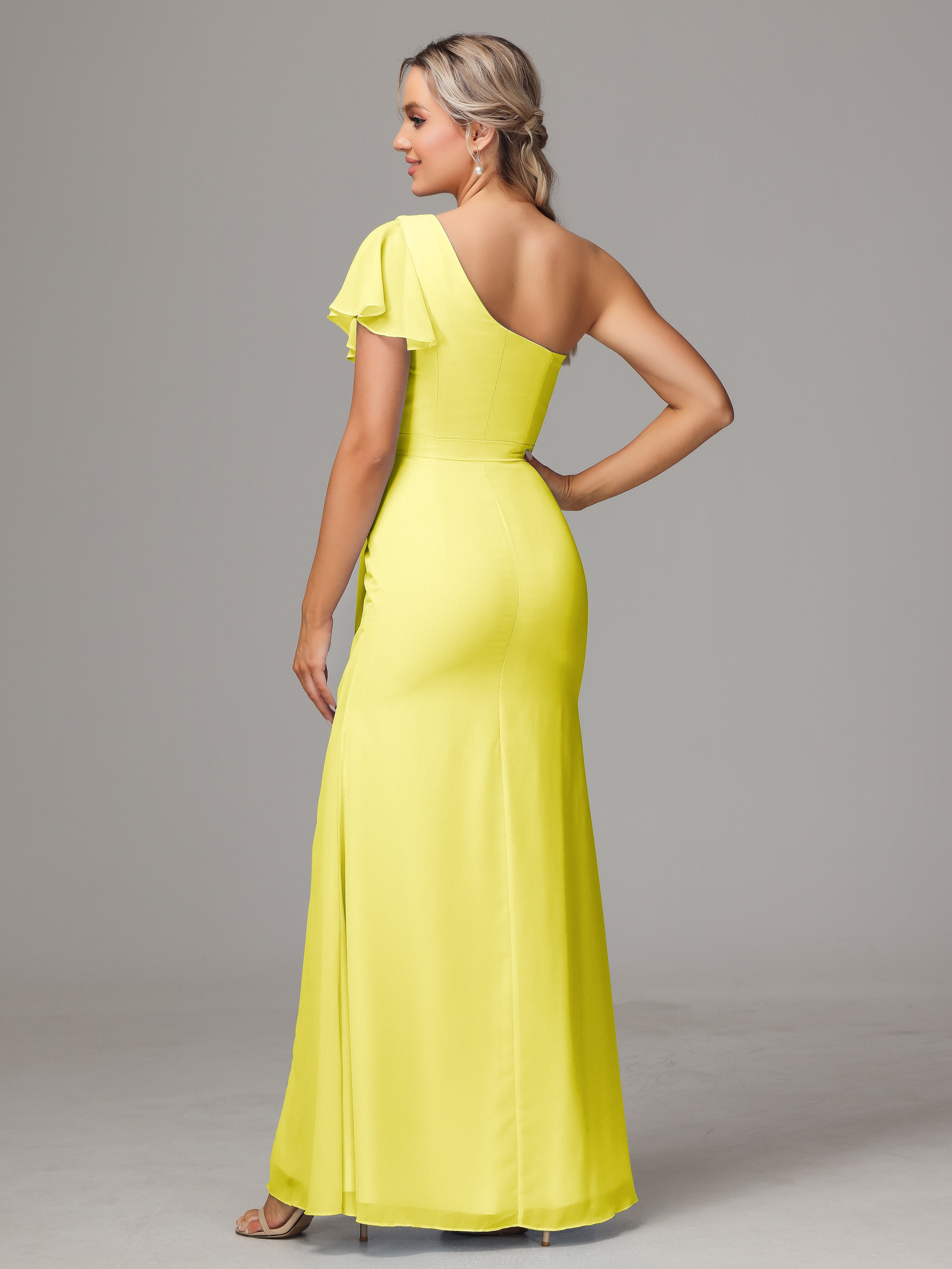 Robes De Demoiselle D'Honneur Citron Fourreau Seule Épaule Fendue Mousseline Robe Demoiselle D'Honneur