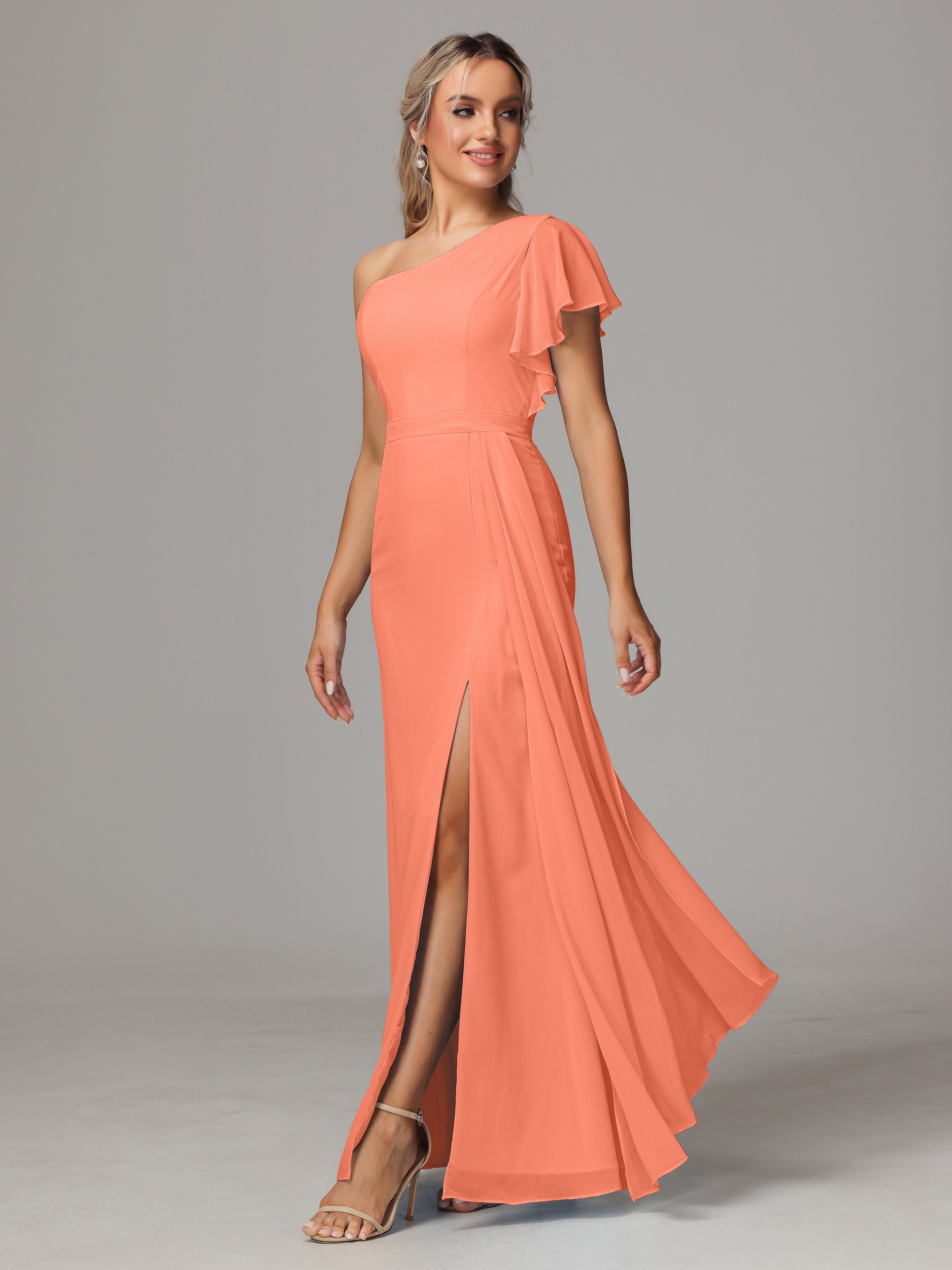 Robes De Demoiselle D'Honneur Coucher De Soleil Fourreau Seule Épaule Fendue Mousseline Robe Demoiselle D'Honneur