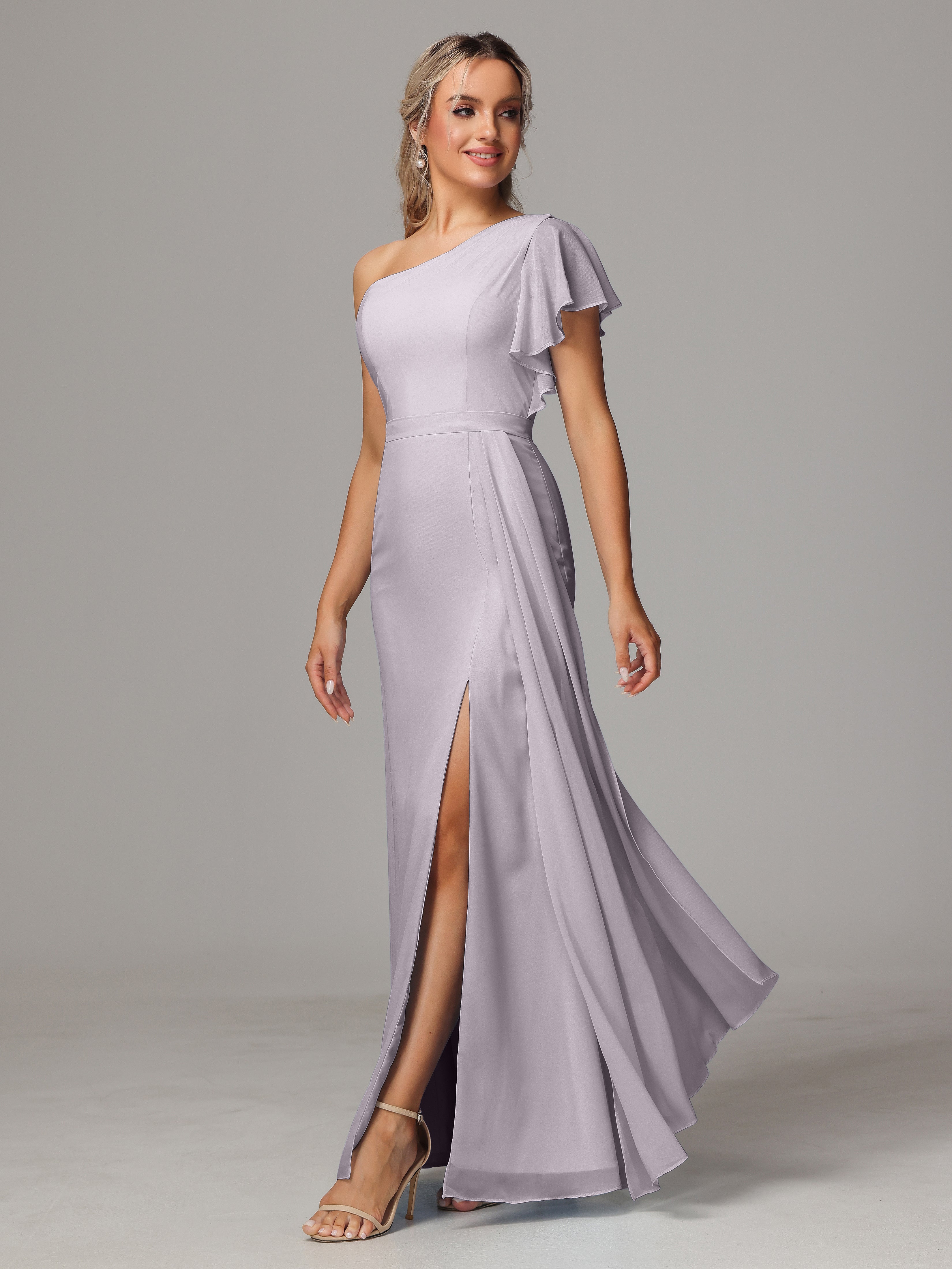 Robes De Demoiselle D'Honneur Crépuscule Fourreau Seule Épaule Fendue Mousseline Robe Demoiselle D'Honneur