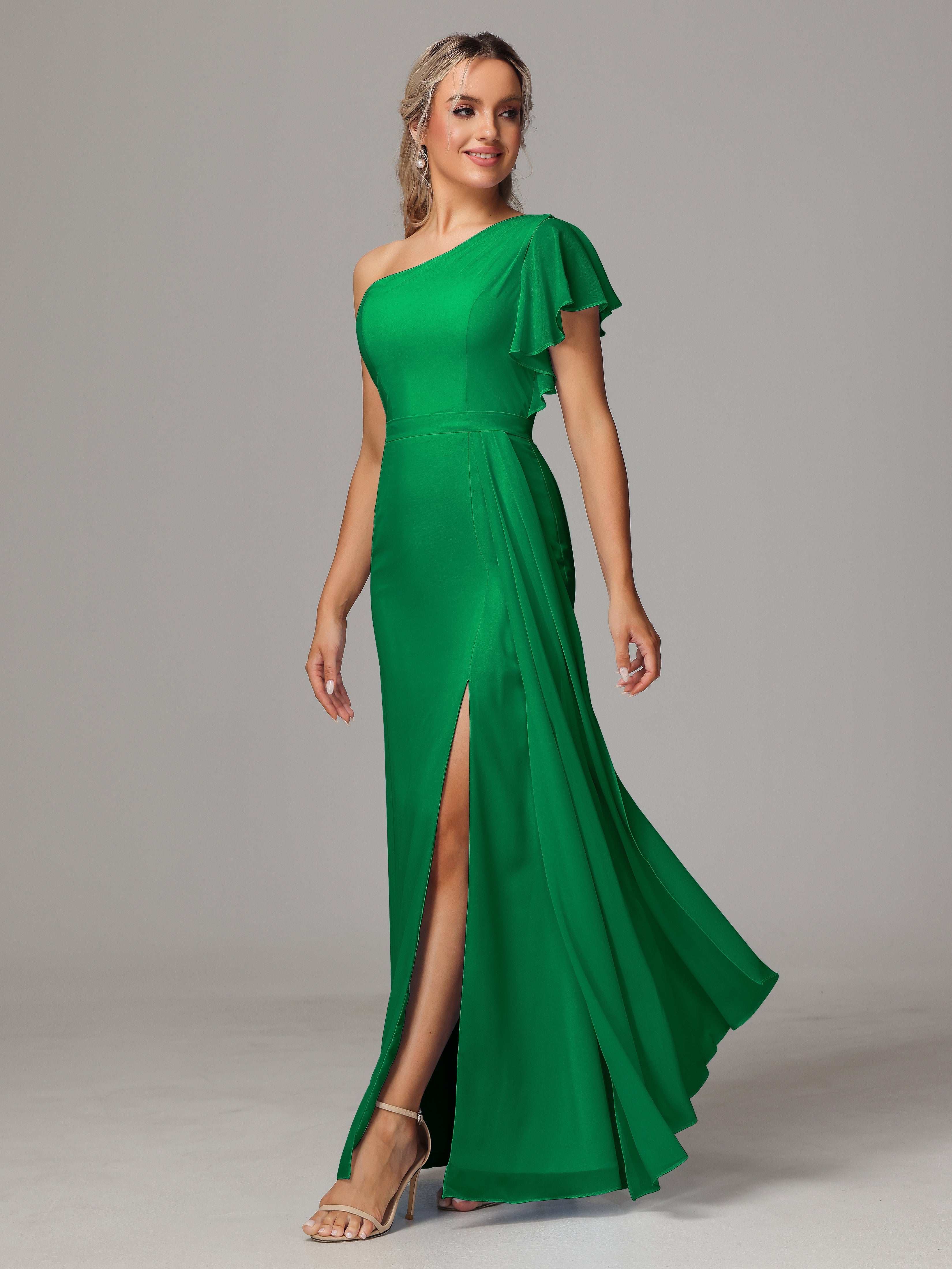 Robe Vert Emeraude Demoiselle D Honneur Fourreau Seule Épaule Fendue Mousseline Robe Demoiselle D'Honneur
