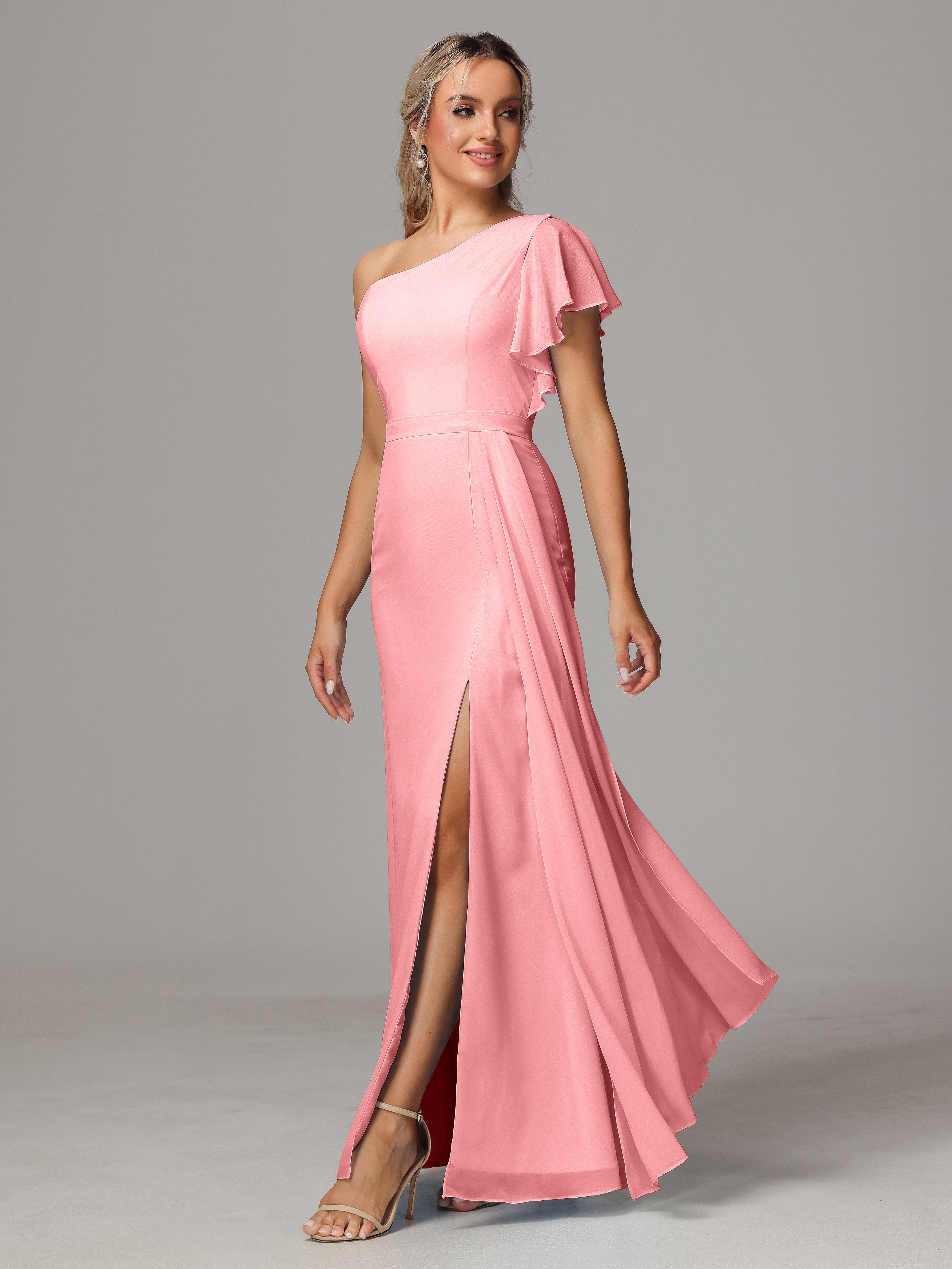 Robes De Demoiselle D'Honneur En Flamant Fourreau Seule Épaule Fendue Mousseline Robe Demoiselle D'Honneur