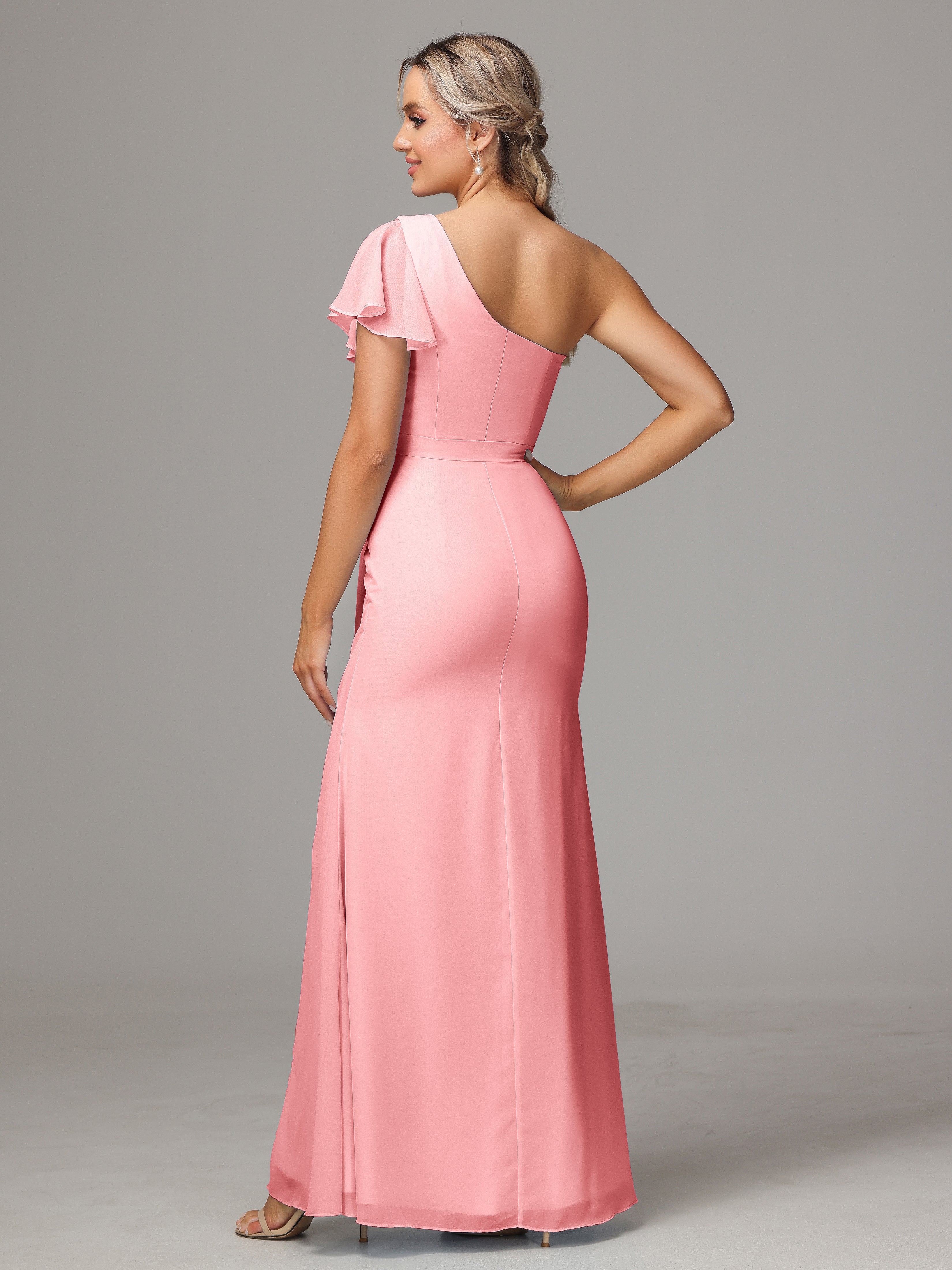 Robes De Demoiselle D'Honneur En Flamant Fourreau Seule Épaule Fendue Mousseline Robe Demoiselle D'Honneur