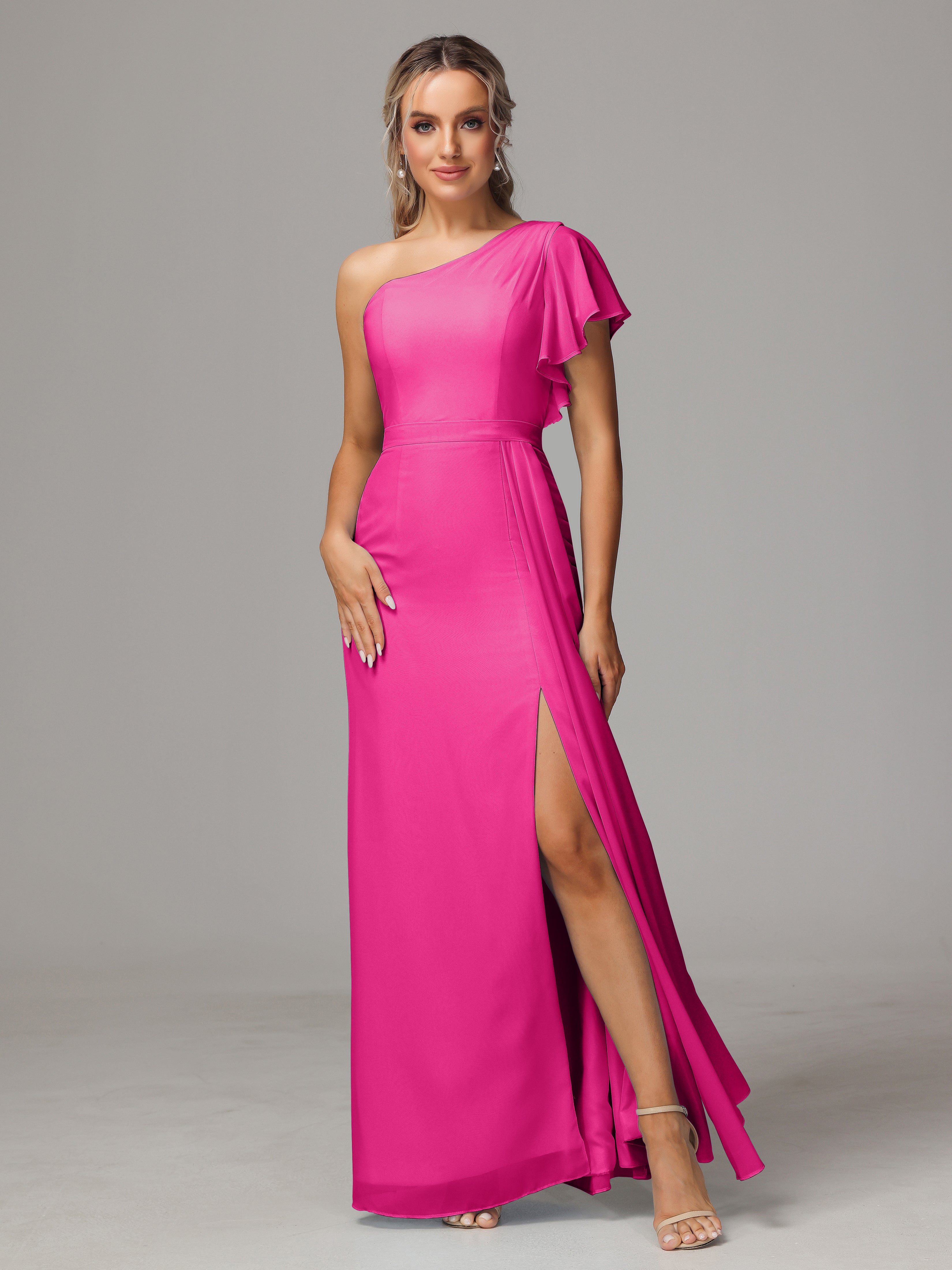 Robe De Demoiselle D Honneur Fuchsia Fourreau Seule Épaule Fendue Mousseline Robe Demoiselle D'Honneur