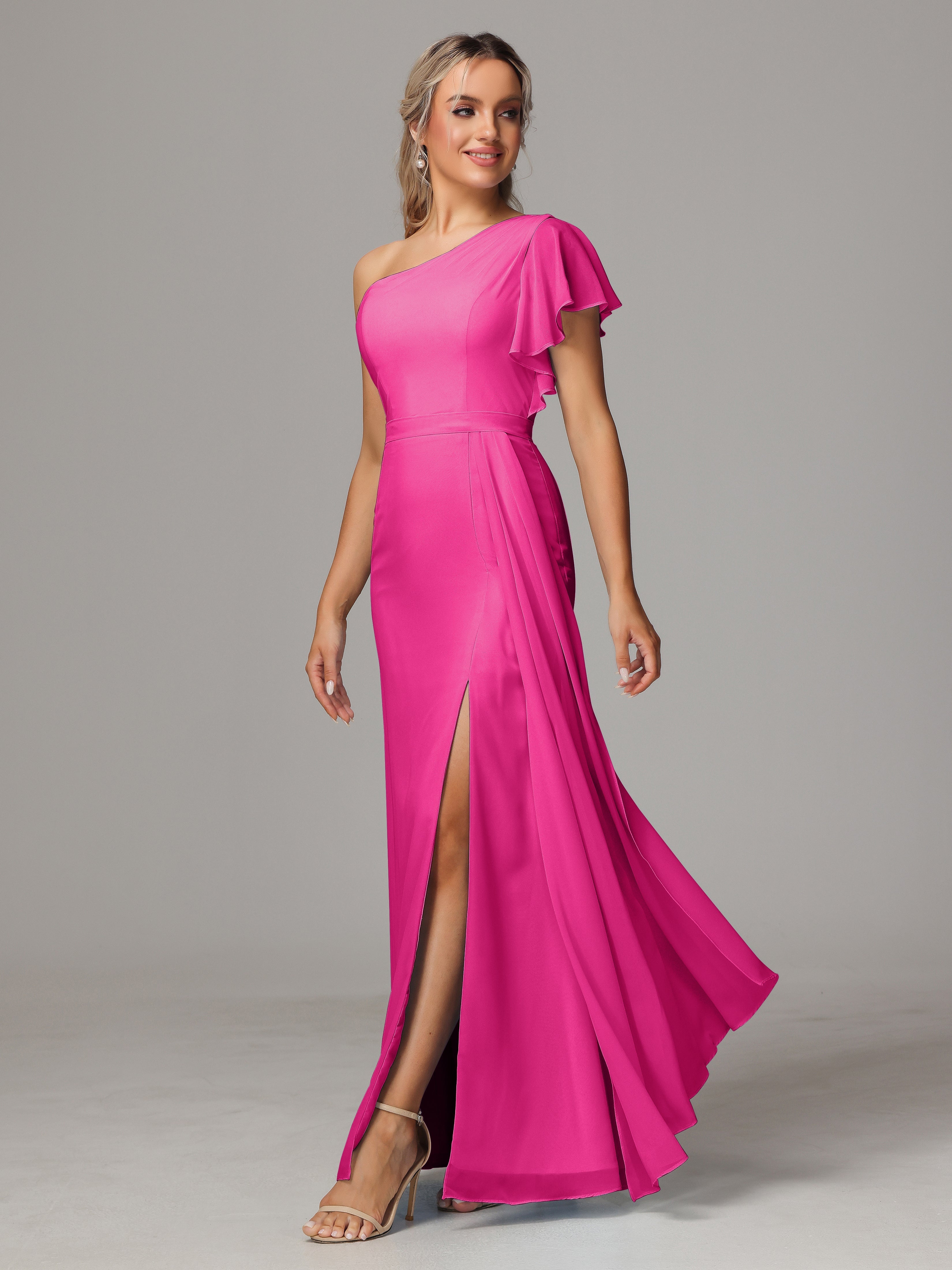 Robe De Demoiselle D Honneur Fuchsia Fourreau Seule Épaule Fendue Mousseline Robe Demoiselle D'Honneur