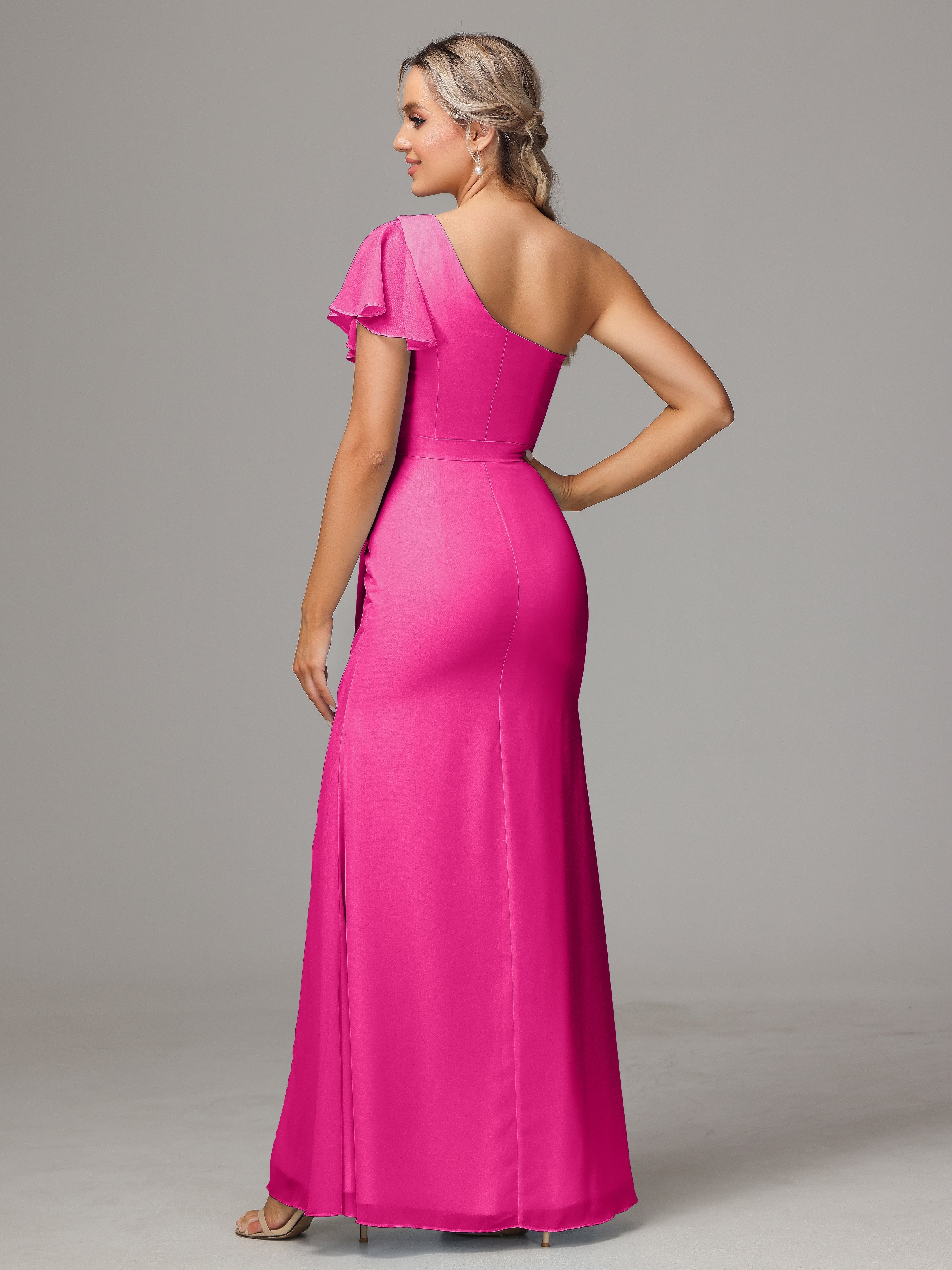 Robe De Demoiselle D Honneur Fuchsia Fourreau Seule Épaule Fendue Mousseline Robe Demoiselle D'Honneur