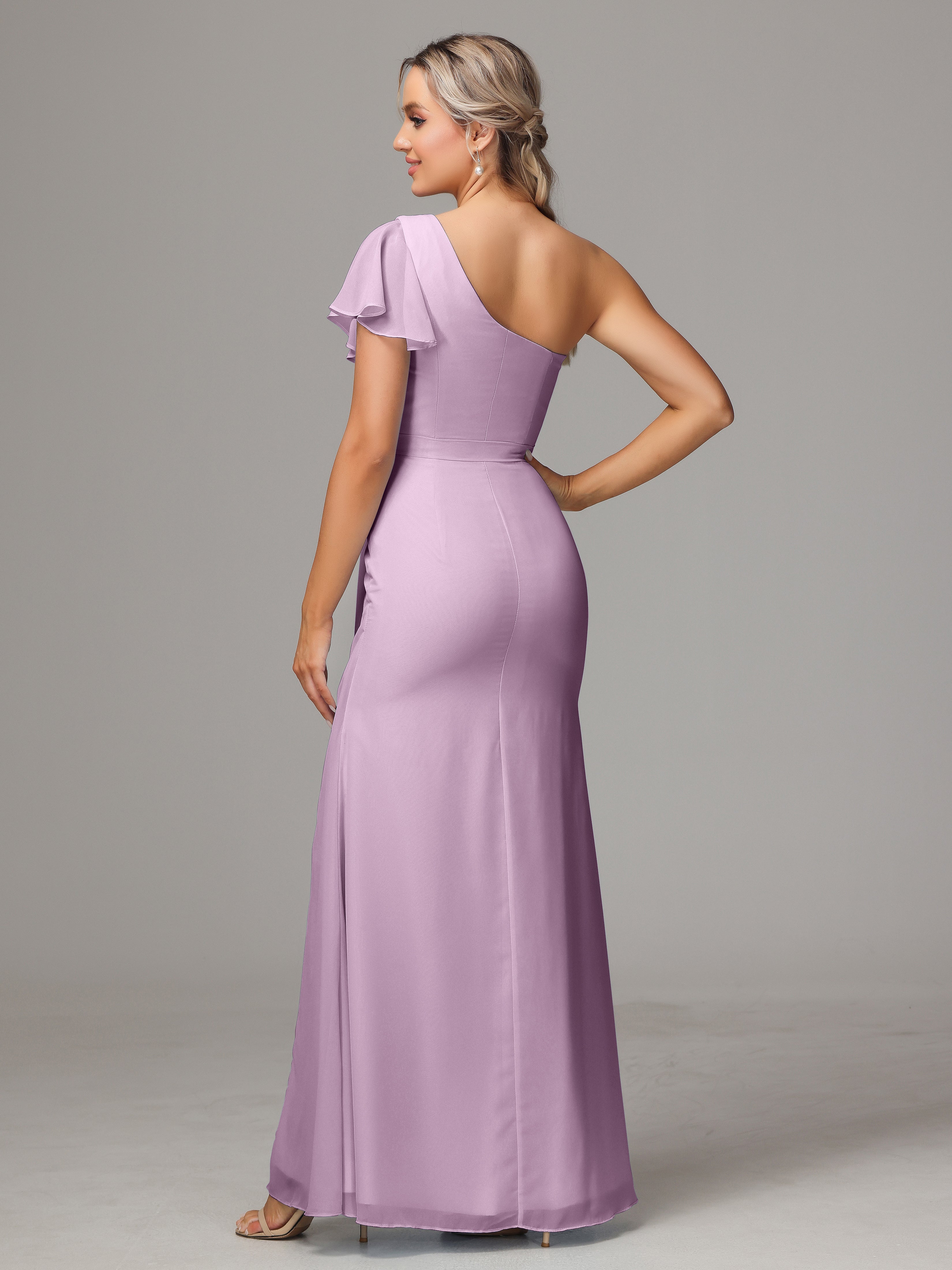 Robes De Demoiselle D'Honneur Glycine Fourreau Seule Épaule Fendue Mousseline Robe Demoiselle D'Honneur