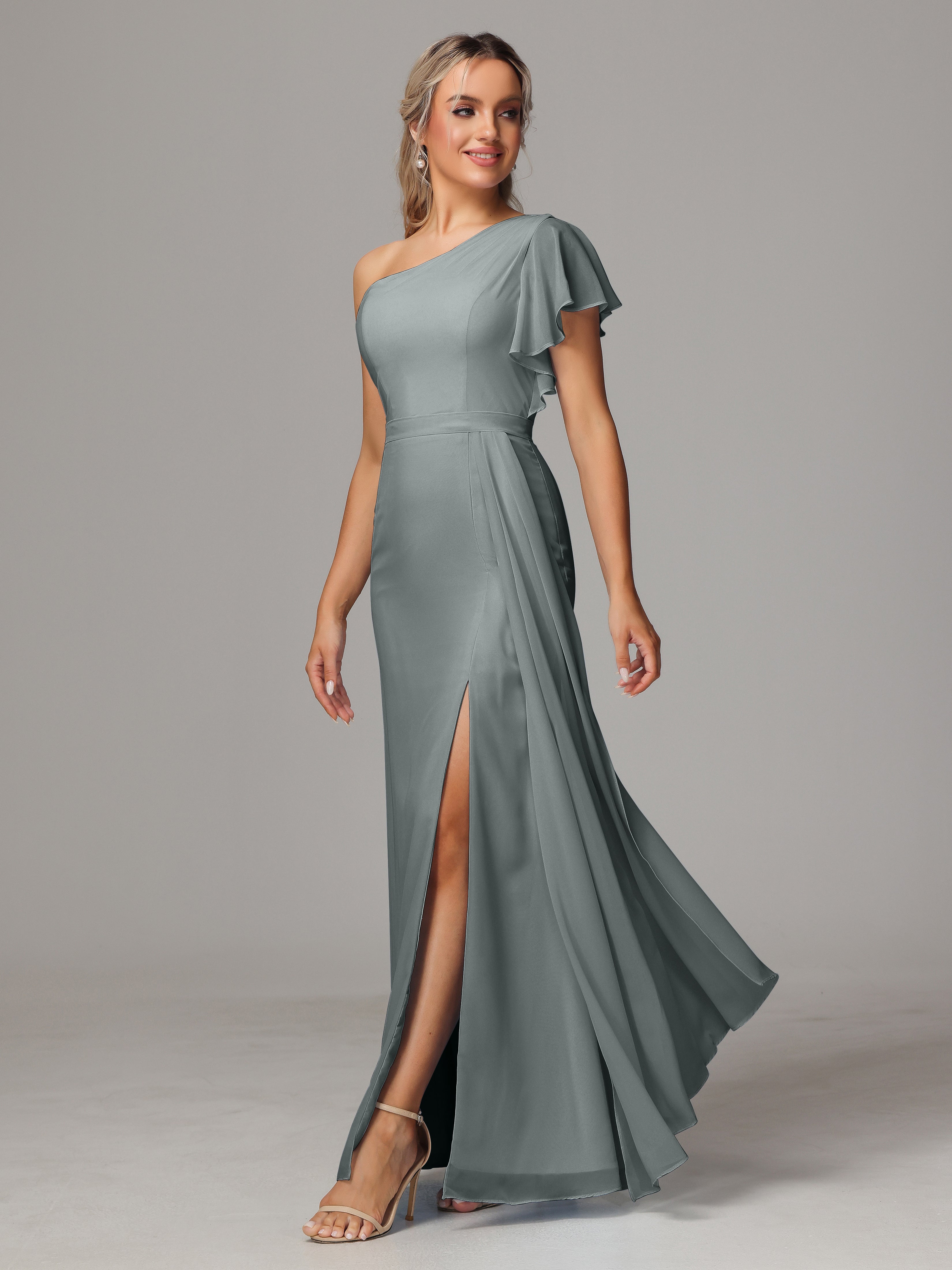 Robe De Demoiselle D Honneur Gris Fourreau Seule Épaule Fendue Mousseline Robe Demoiselle D'Honneur