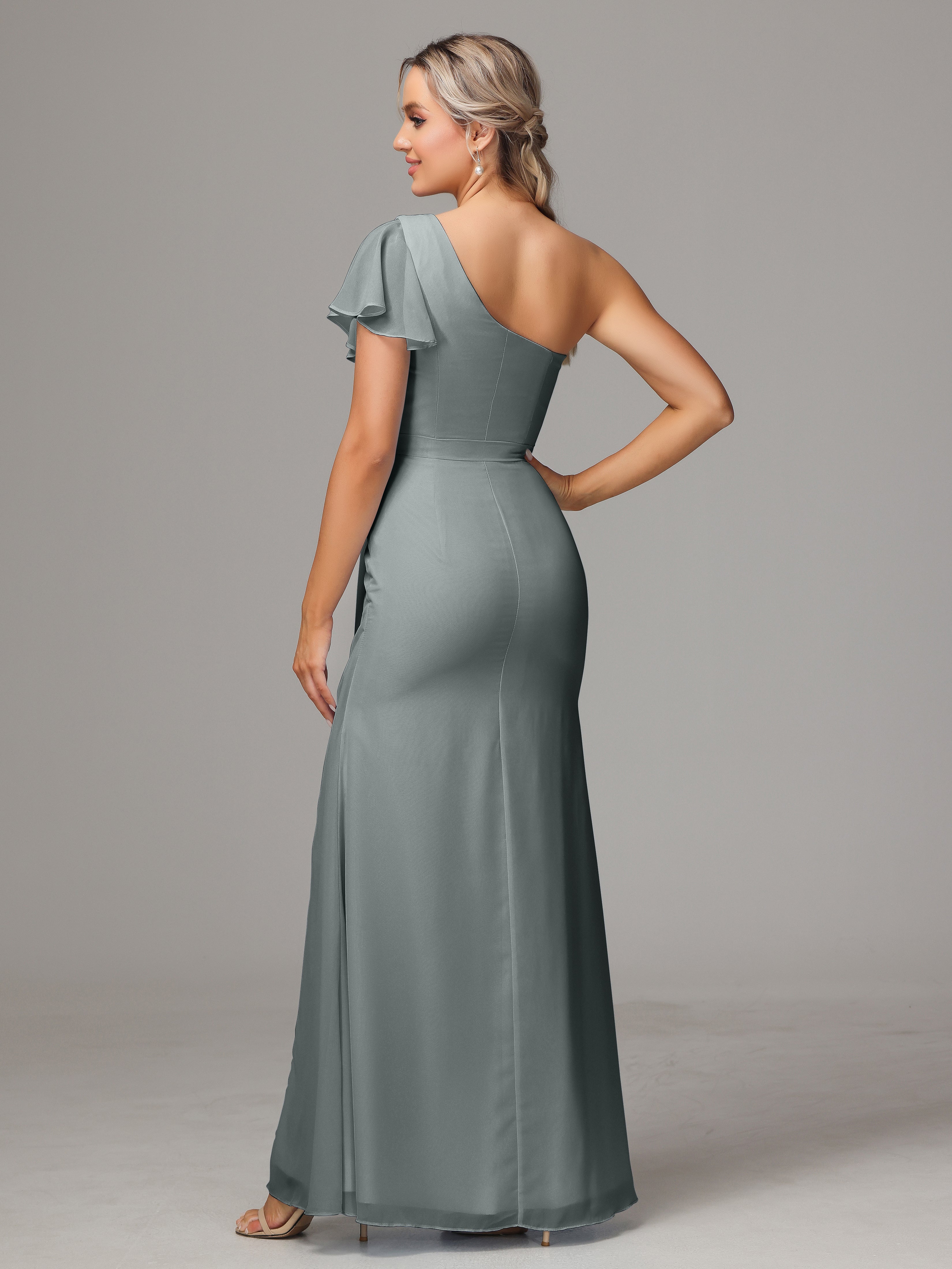 Robe De Demoiselle D Honneur Gris Fourreau Seule Épaule Fendue Mousseline Robe Demoiselle D'Honneur