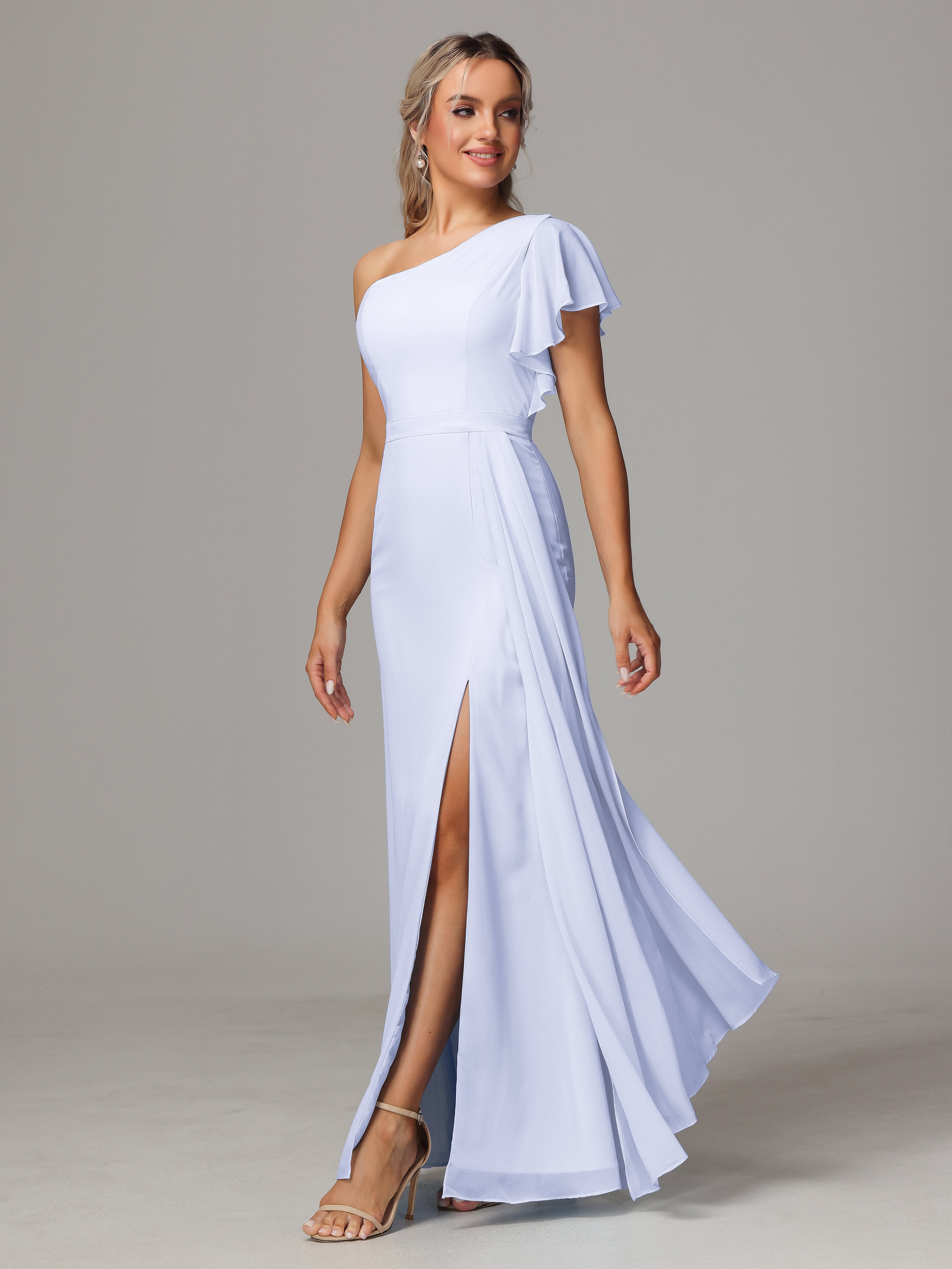 Robe Lavande Demoiselle D Honneur Fourreau Seule Épaule Fendue Mousseline Robe Demoiselle D'Honneur