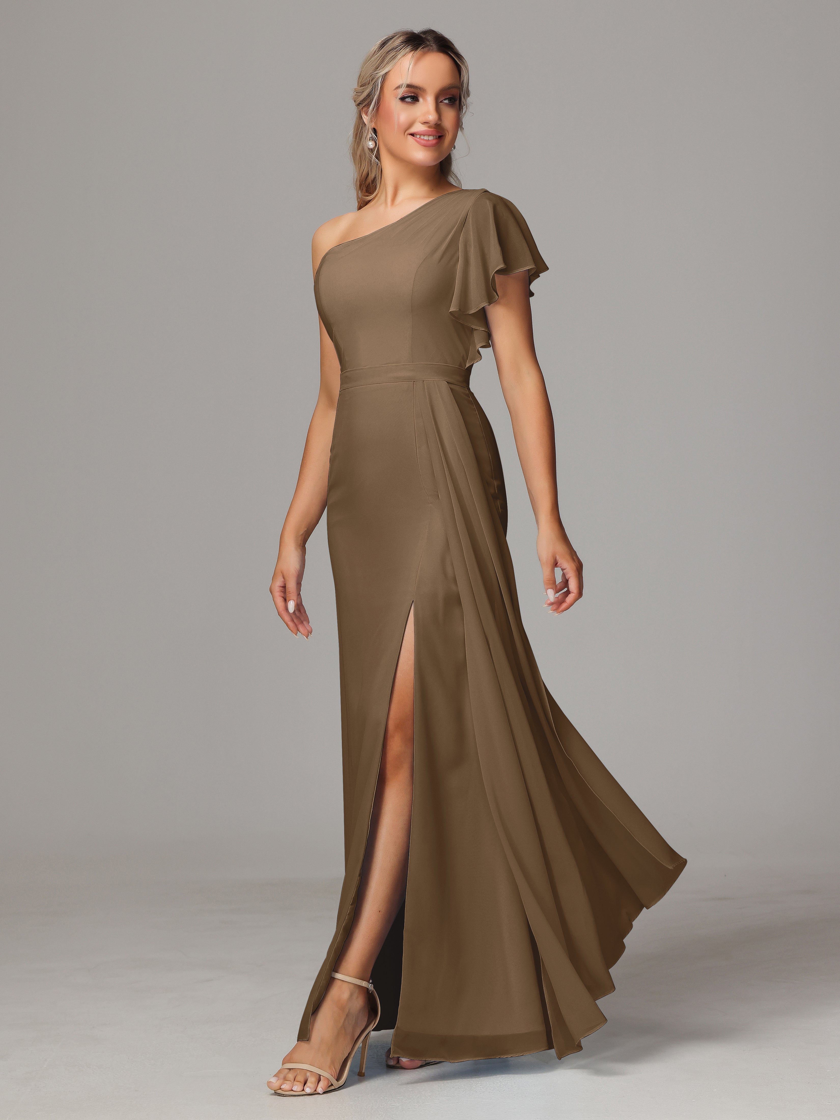 Robe Demoiselle D Honneur Moka Fourreau Seule Épaule Fendue Devant Mousseline Robe Demoiselle D'Honneur