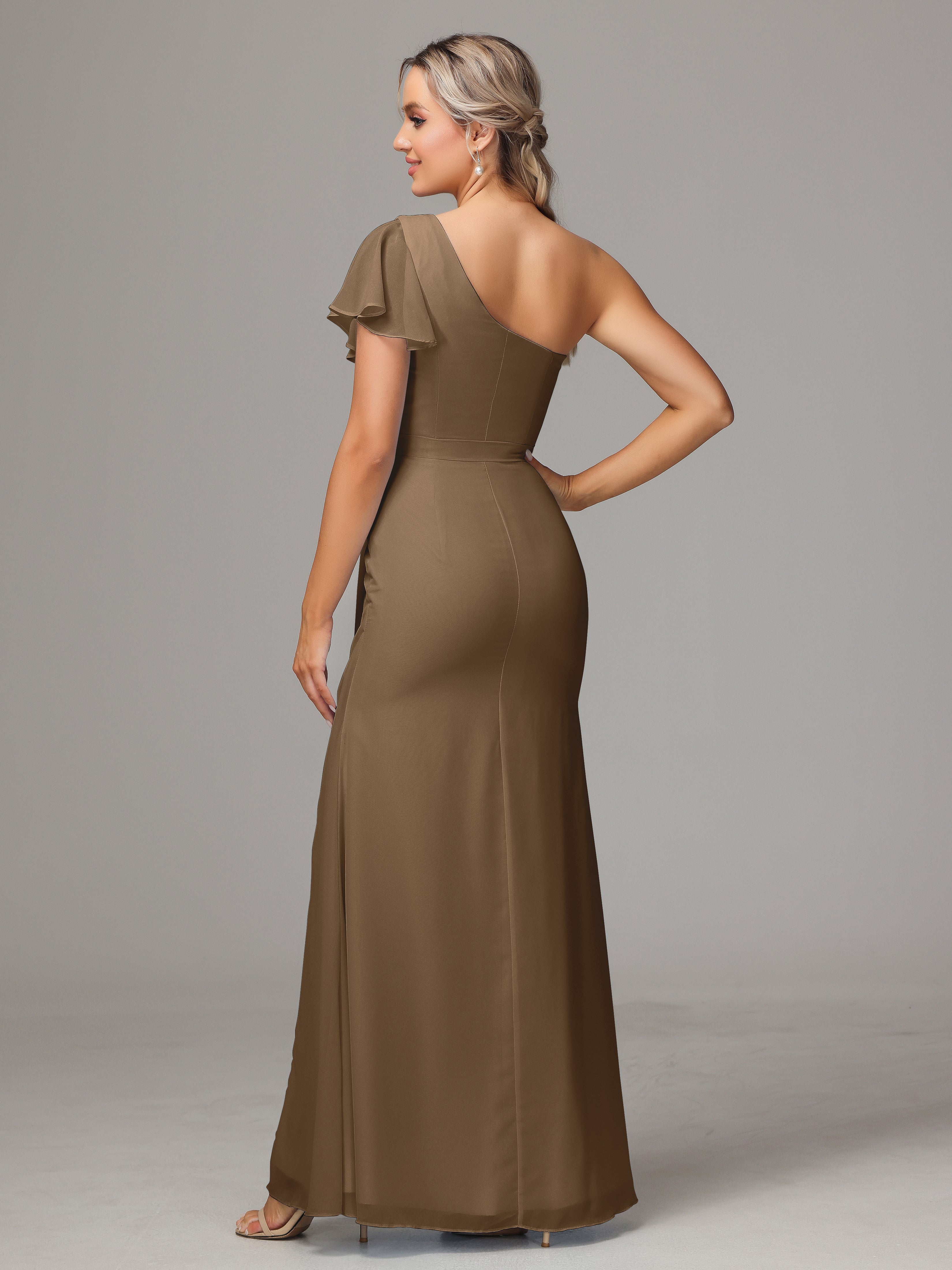 Robe Demoiselle D Honneur Moka Fourreau Seule Épaule Fendue Devant Mousseline Robe Demoiselle D'Honneur