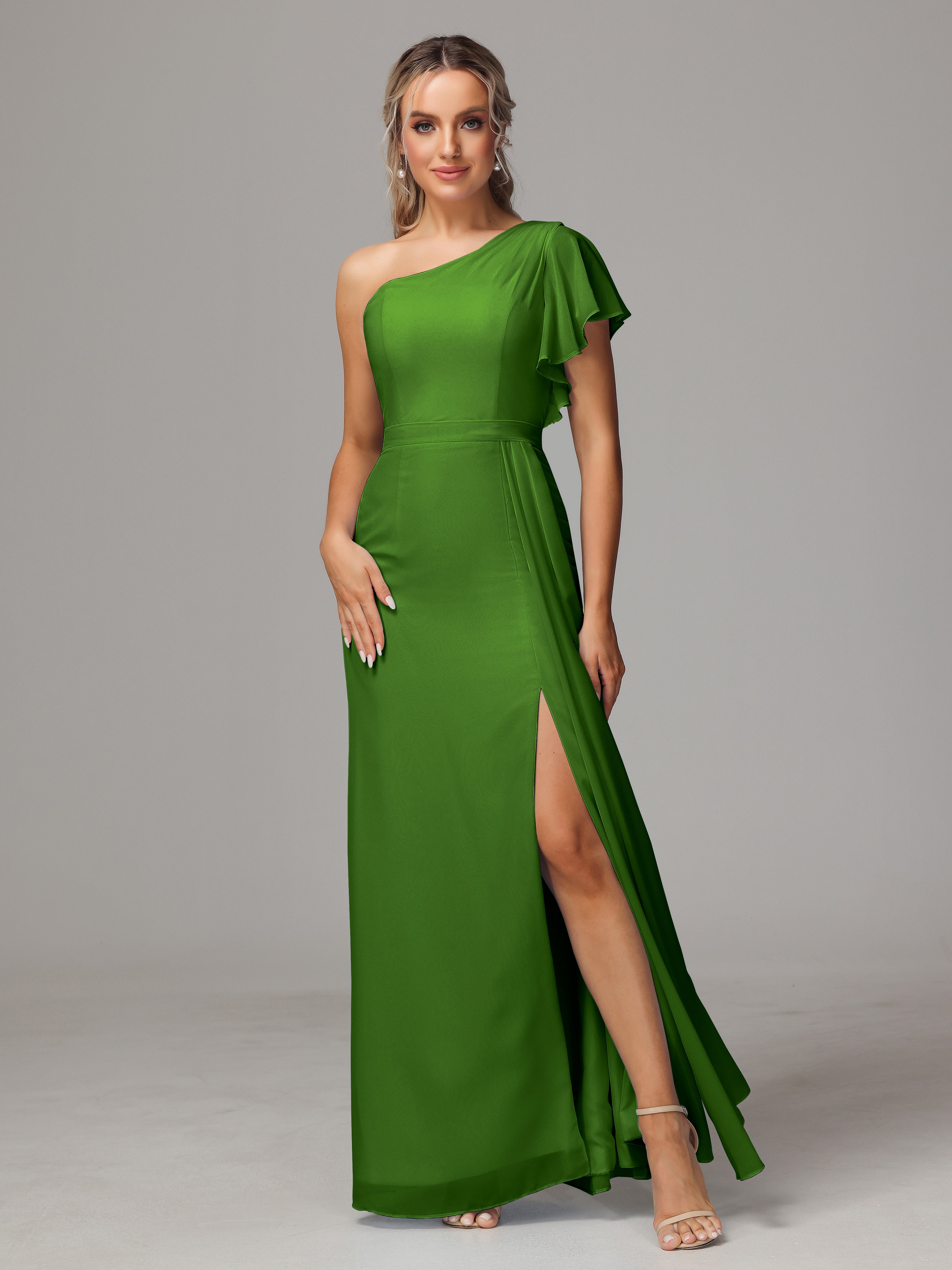 Robes De Demoiselle D'Honneur Vert Mousse Fourreau Seule Épaule Fendue Mousseline Robe Demoiselle D'Honneur