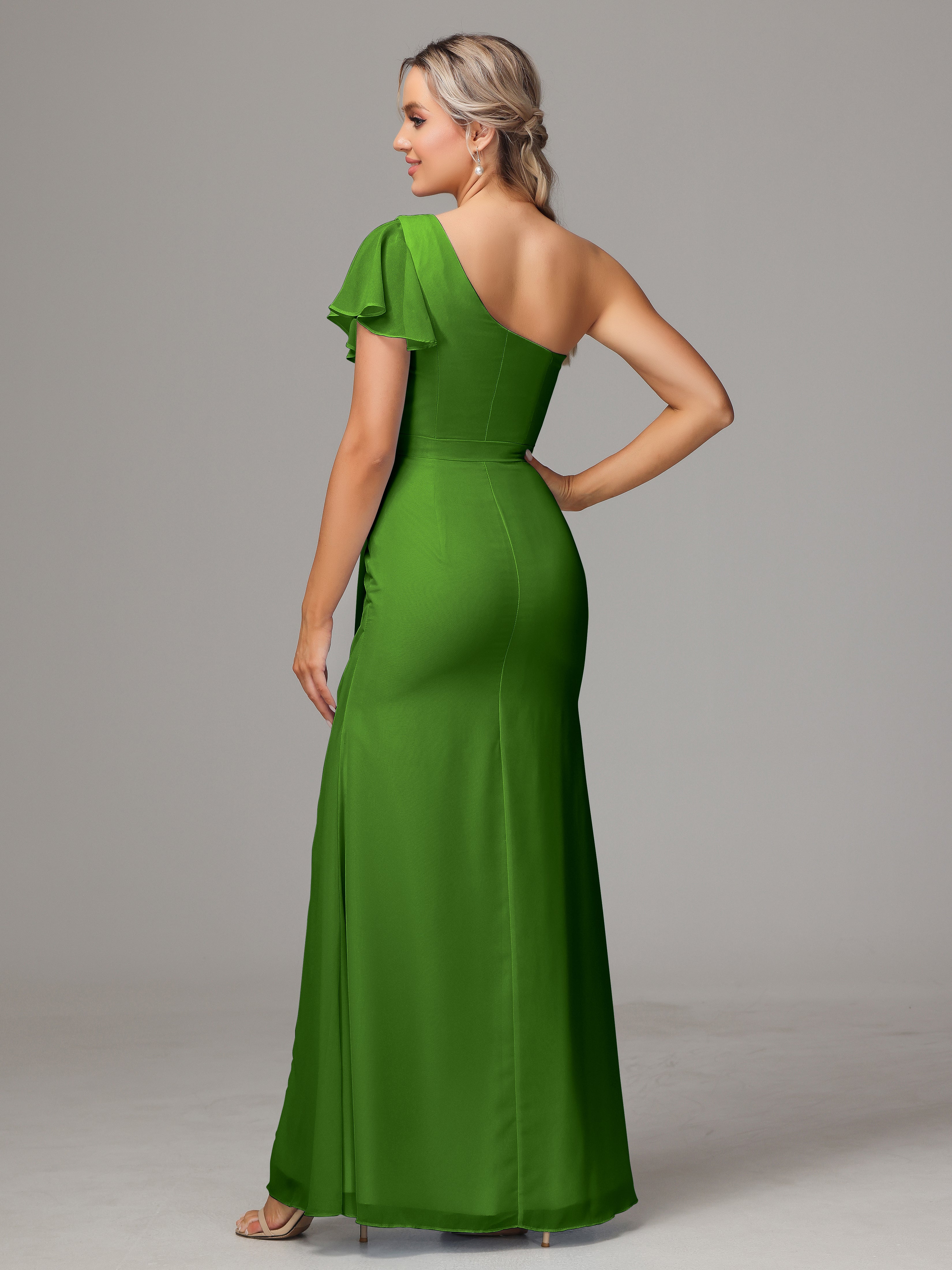 Robes De Demoiselle D'Honneur Vert Mousse Fourreau Seule Épaule Fendue Mousseline Robe Demoiselle D'Honneur