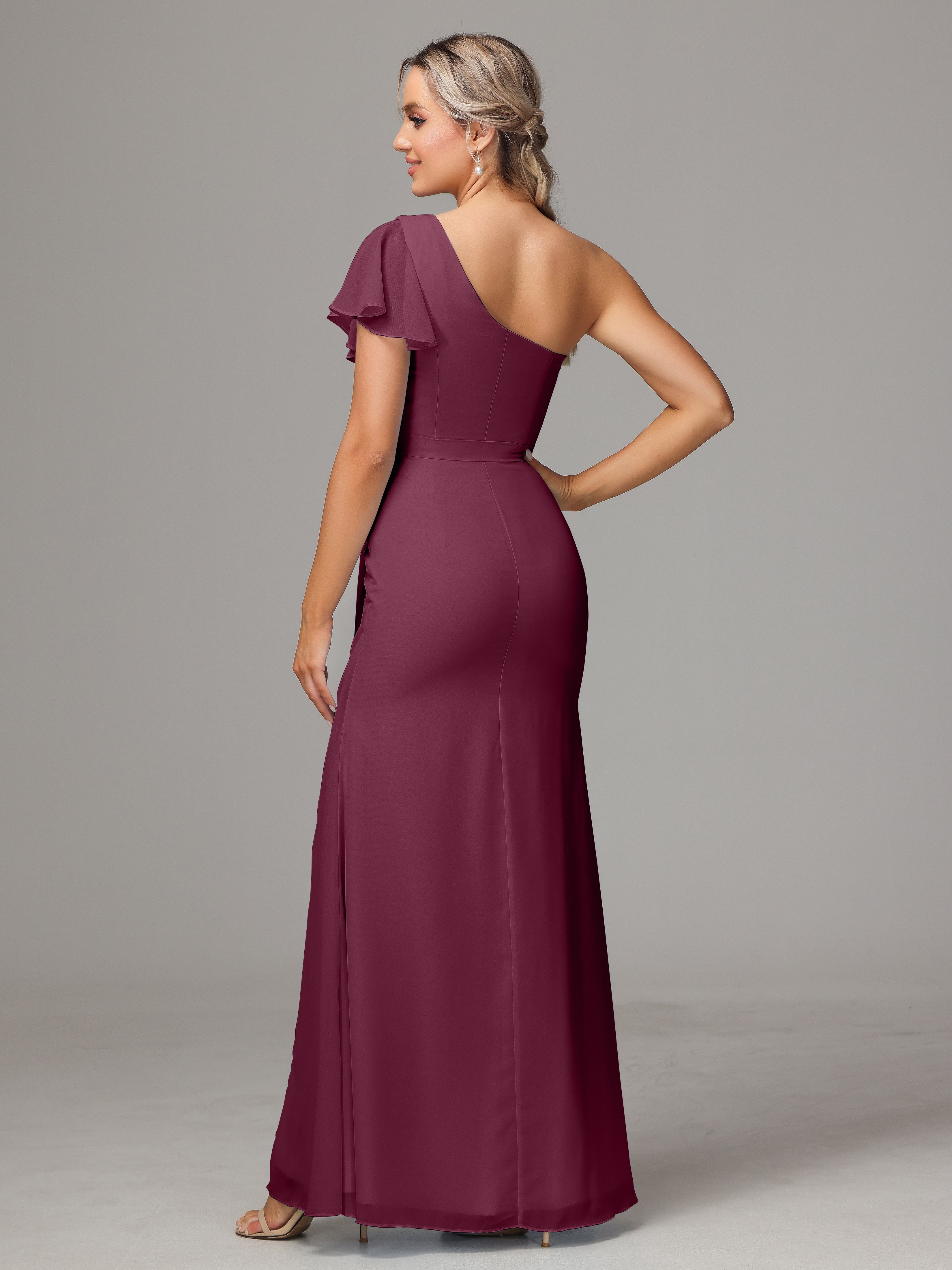 Robes De Demoiselle D'Honneur Mûre Fourreau Seule Épaule Fendue Mousseline Robe Demoiselle D'Honneur