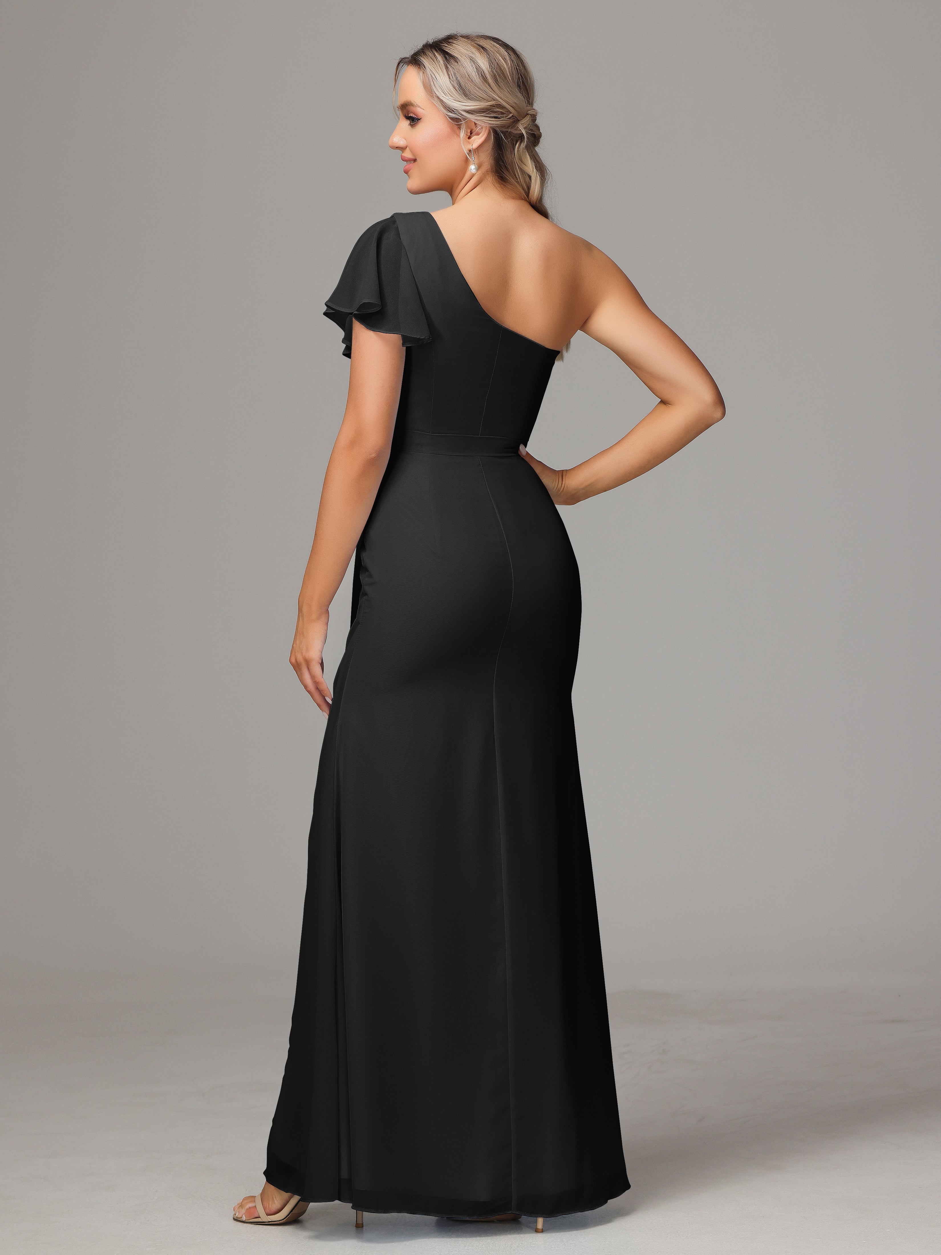 Robe De Demoiselle D Honneur Noir Fourreau Seule Épaule Fendue Mousseline Robe Demoiselle D'Honneur