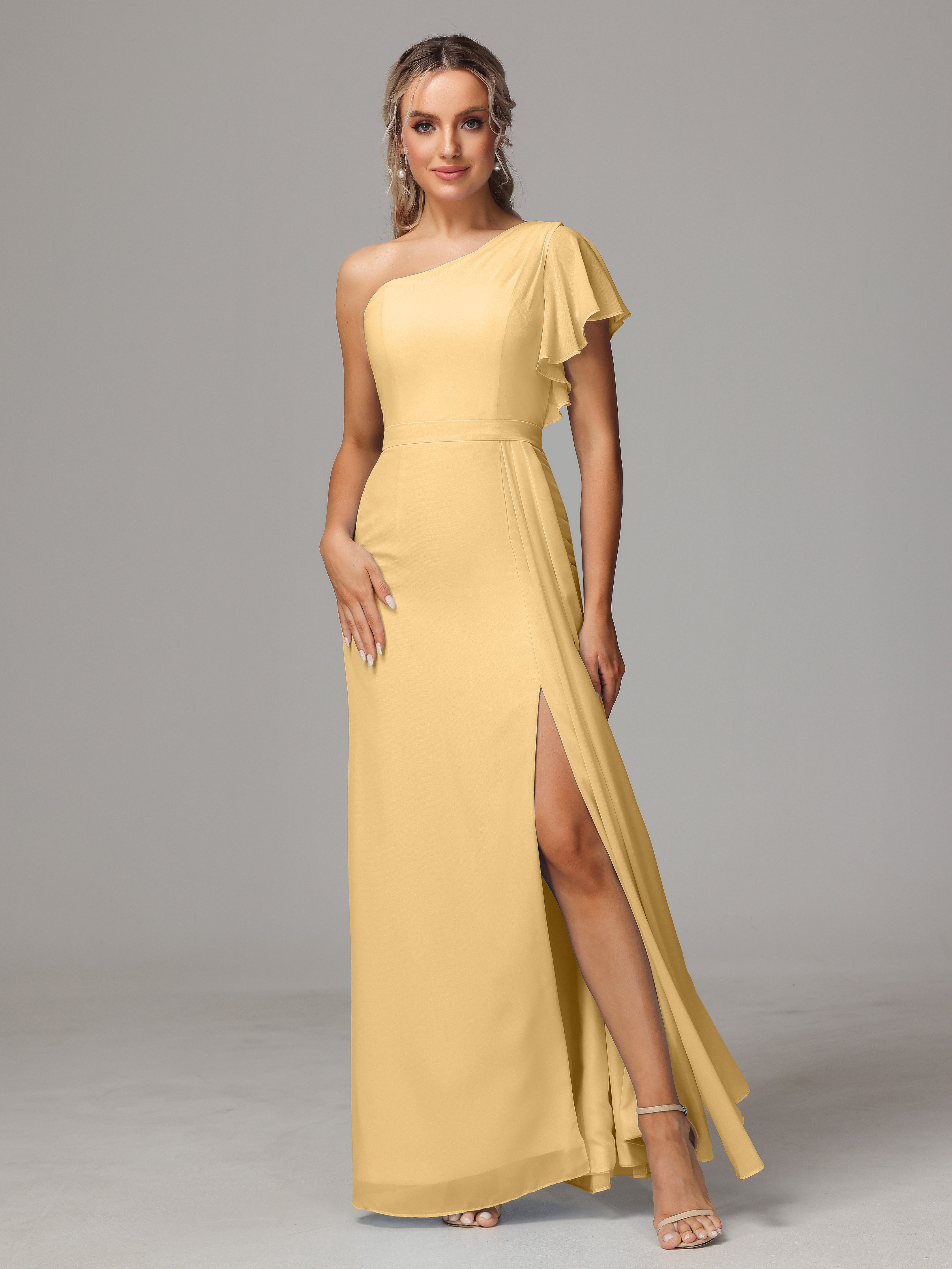 Robe Dorée Demoiselle D Honneur Fourreau Seule Épaule Fendue Mousseline Robe Demoiselle D'Honneur