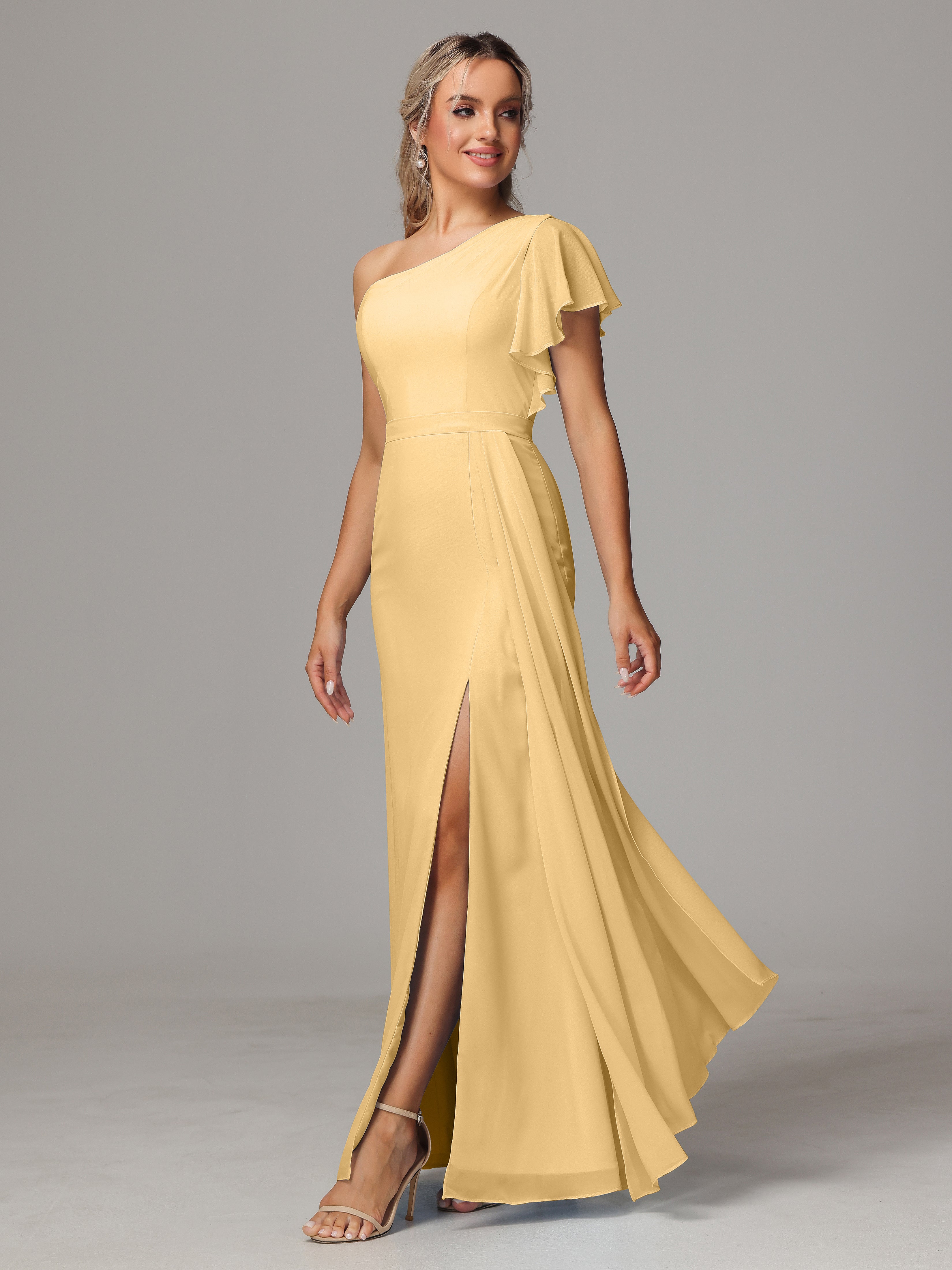 Robe Dorée Demoiselle D Honneur Fourreau Seule Épaule Fendue Mousseline Robe Demoiselle D'Honneur