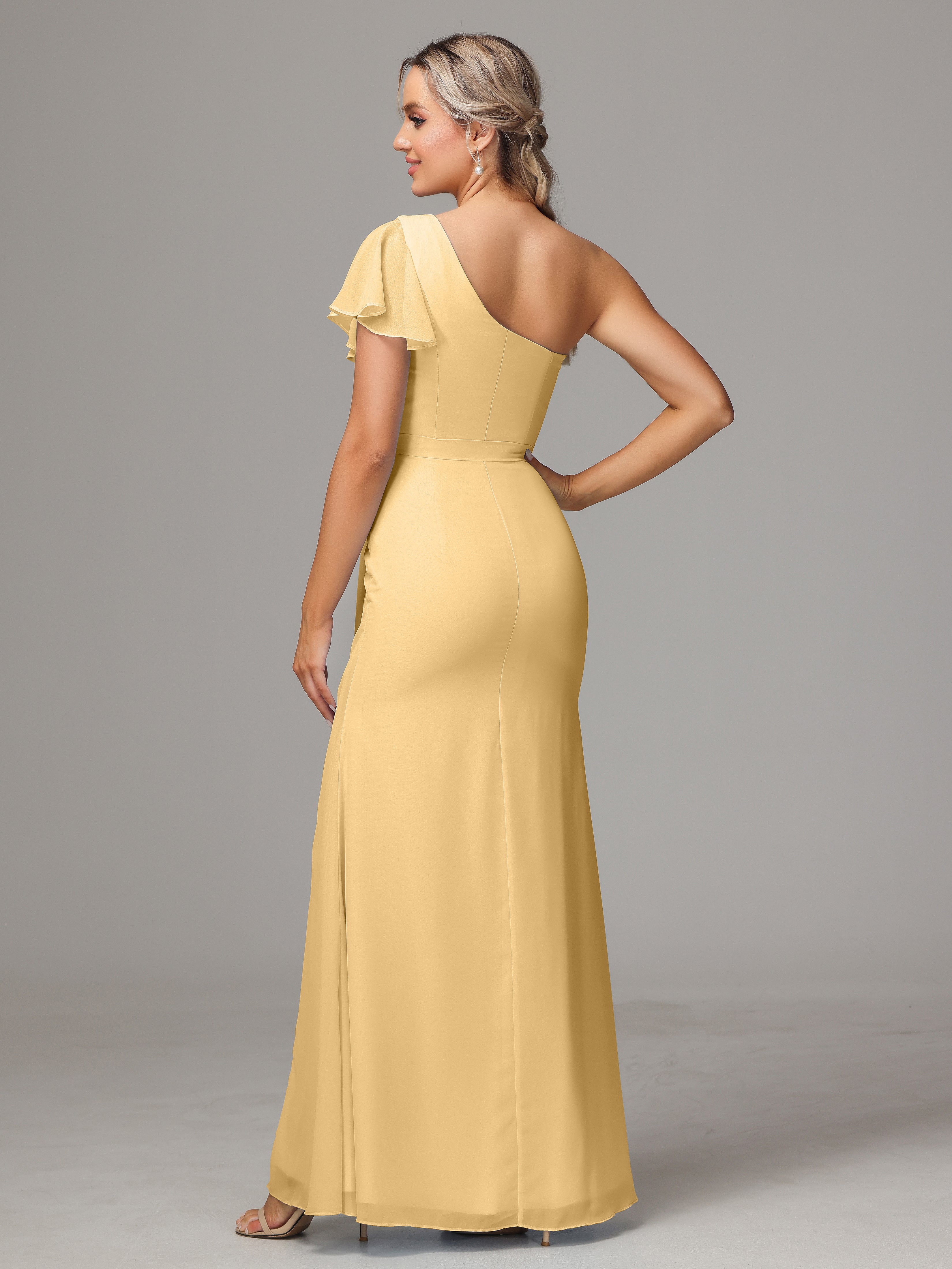 Robe Dorée Demoiselle D Honneur Fourreau Seule Épaule Fendue Mousseline Robe Demoiselle D'Honneur
