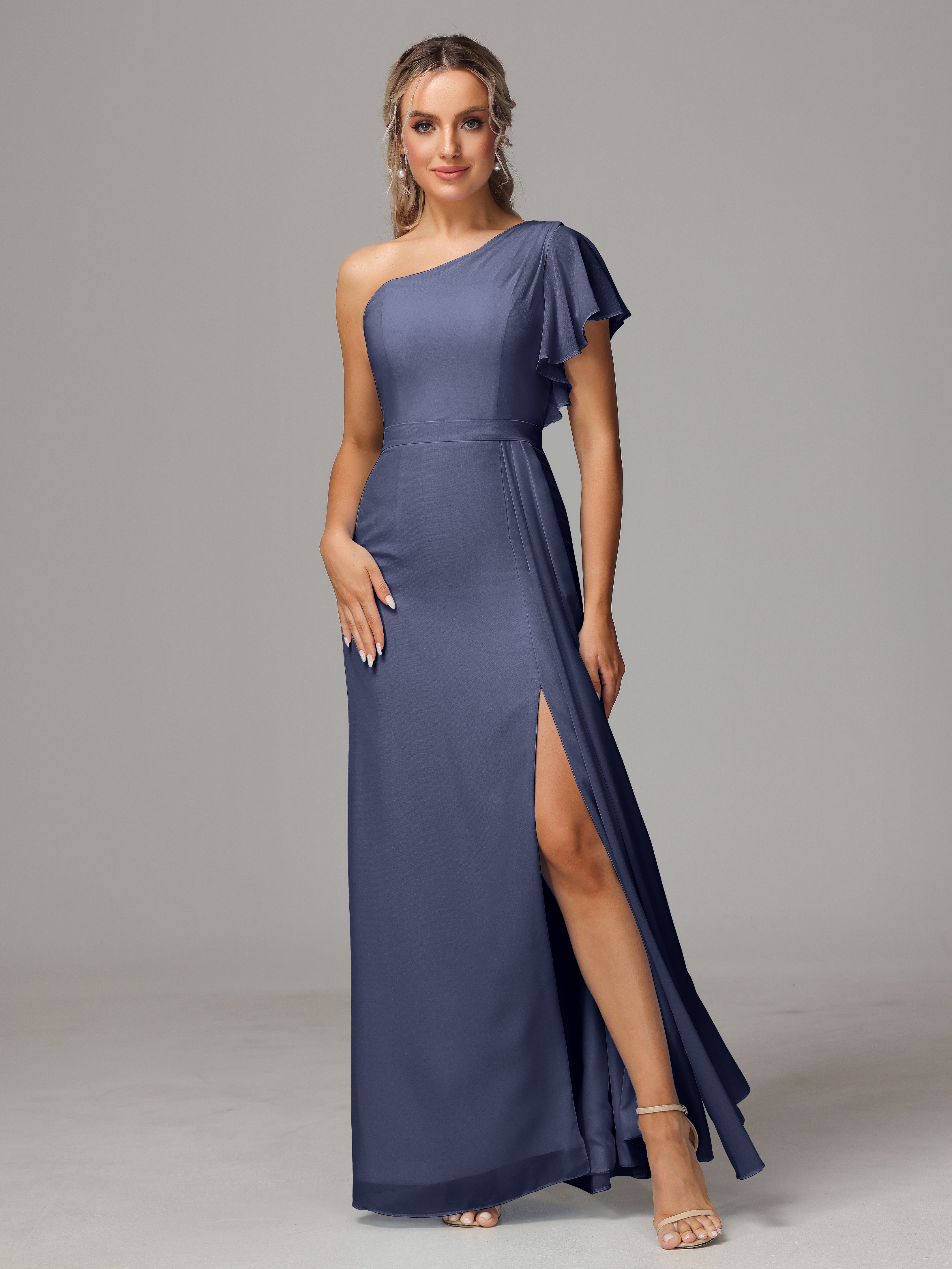 Robes De Demoiselle D'Honneur Bleu Orageux Fourreau Seule Épaule Fendue Mousseline Robe Demoiselle D'Honneur