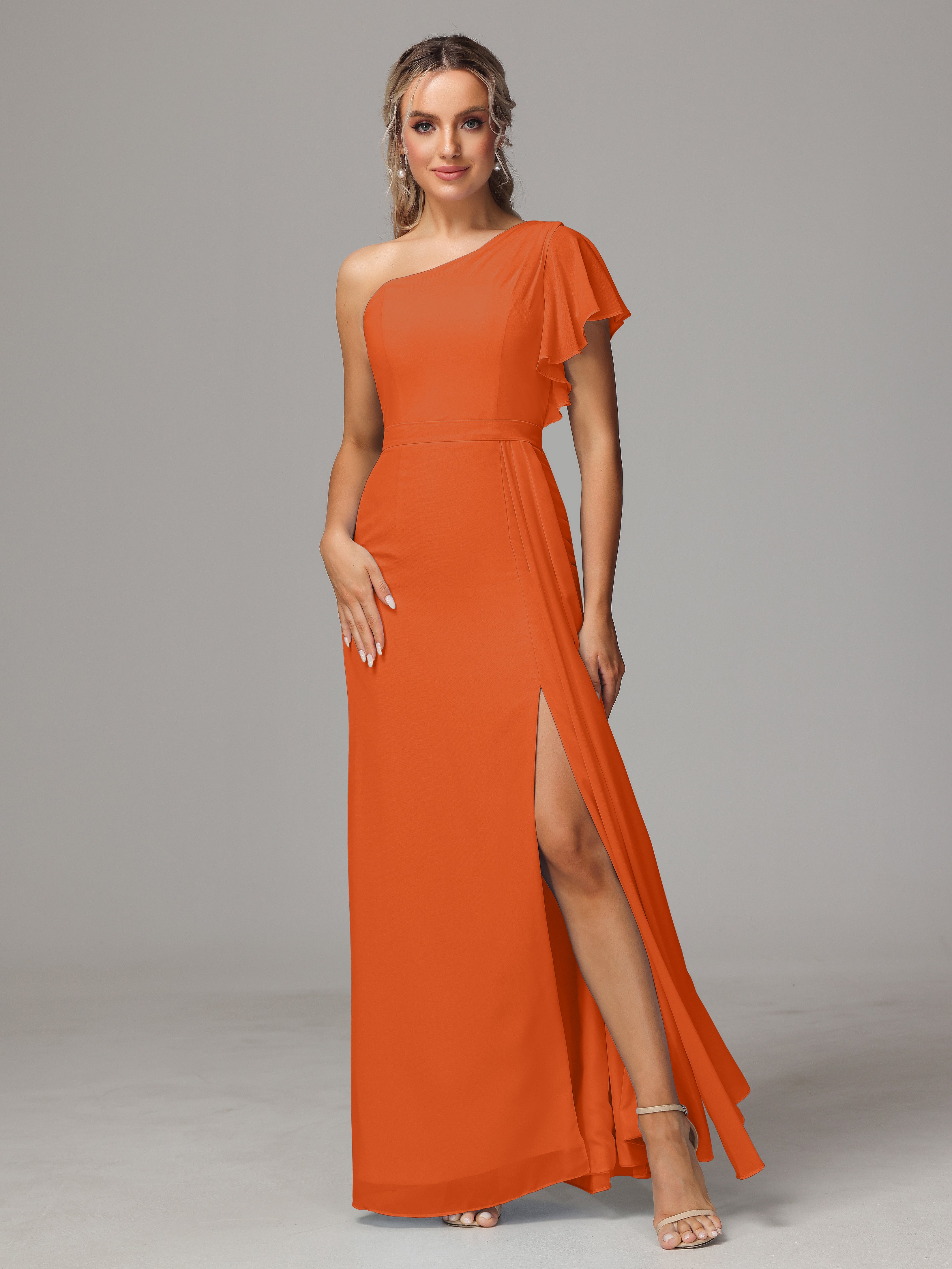 Robes De Demoiselle D'Honneur Orange Brûlé Fourreau Seule Épaule Fendue Devant Mousseline Robe Demoiselle D'Honneur